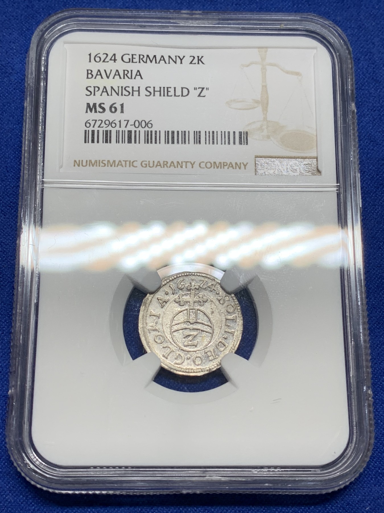《竞宝斋》第222场-周日，周一 2场 (全场包邮) NGC MS61 德国1624巴伐利亚2克鲁泽小银币，更高分仅两枚。