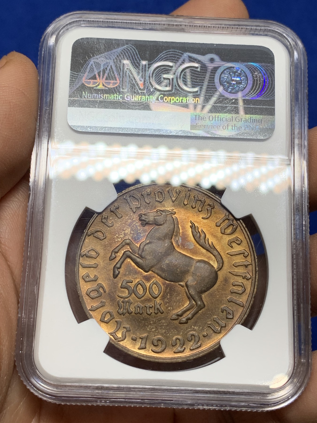《竞宝斋》第222场-周日，周一 2场 (全场包邮) NGC MS62BN 德国威斯特伐利亚1922年500马克大马币铜币