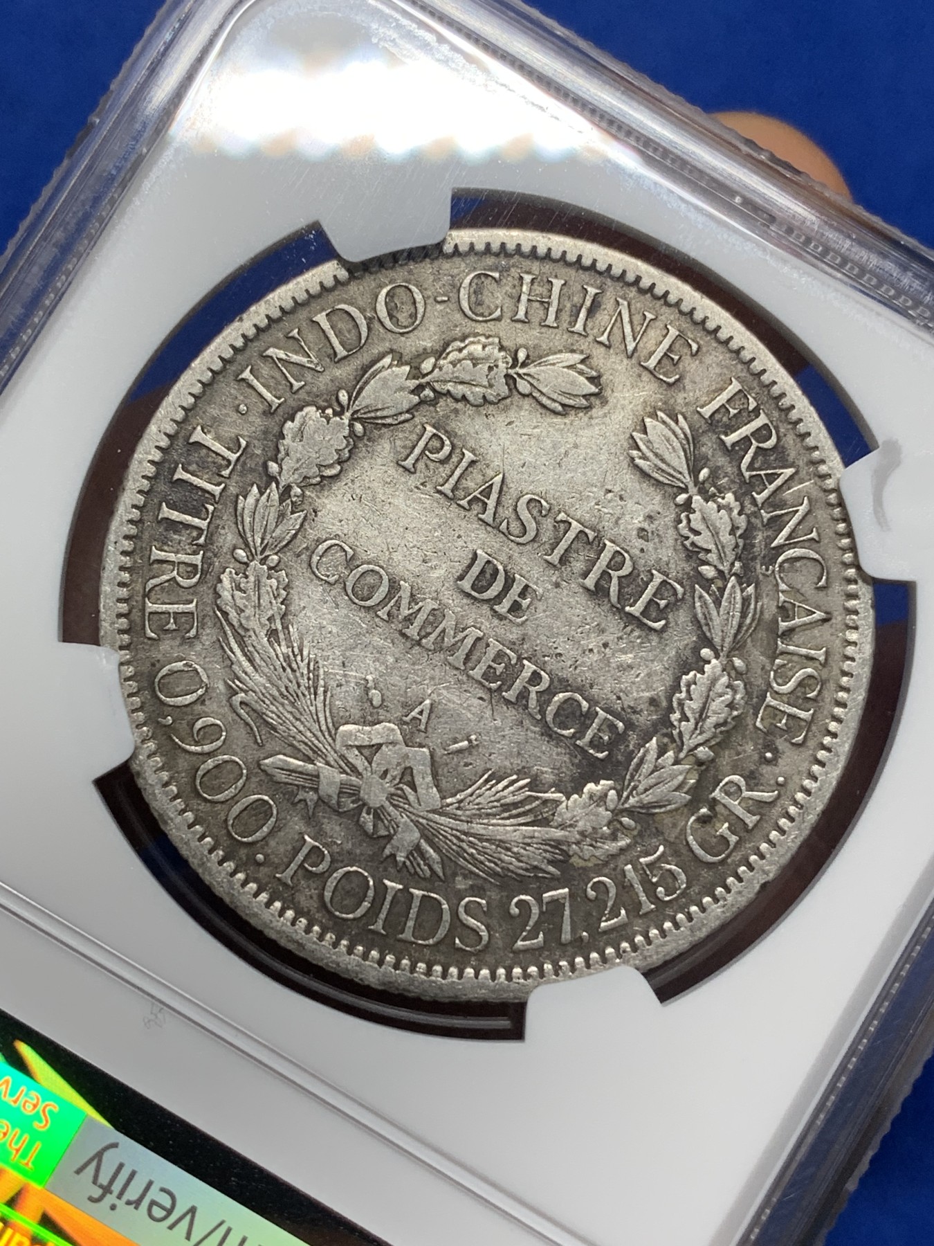 《竞宝斋》第222场-周日，周一 2场 (全场包邮) NGC VF 坐洋银元1888年法属印支银币1皮埃斯特 少见五珍加重版 原味老包浆 发财年份