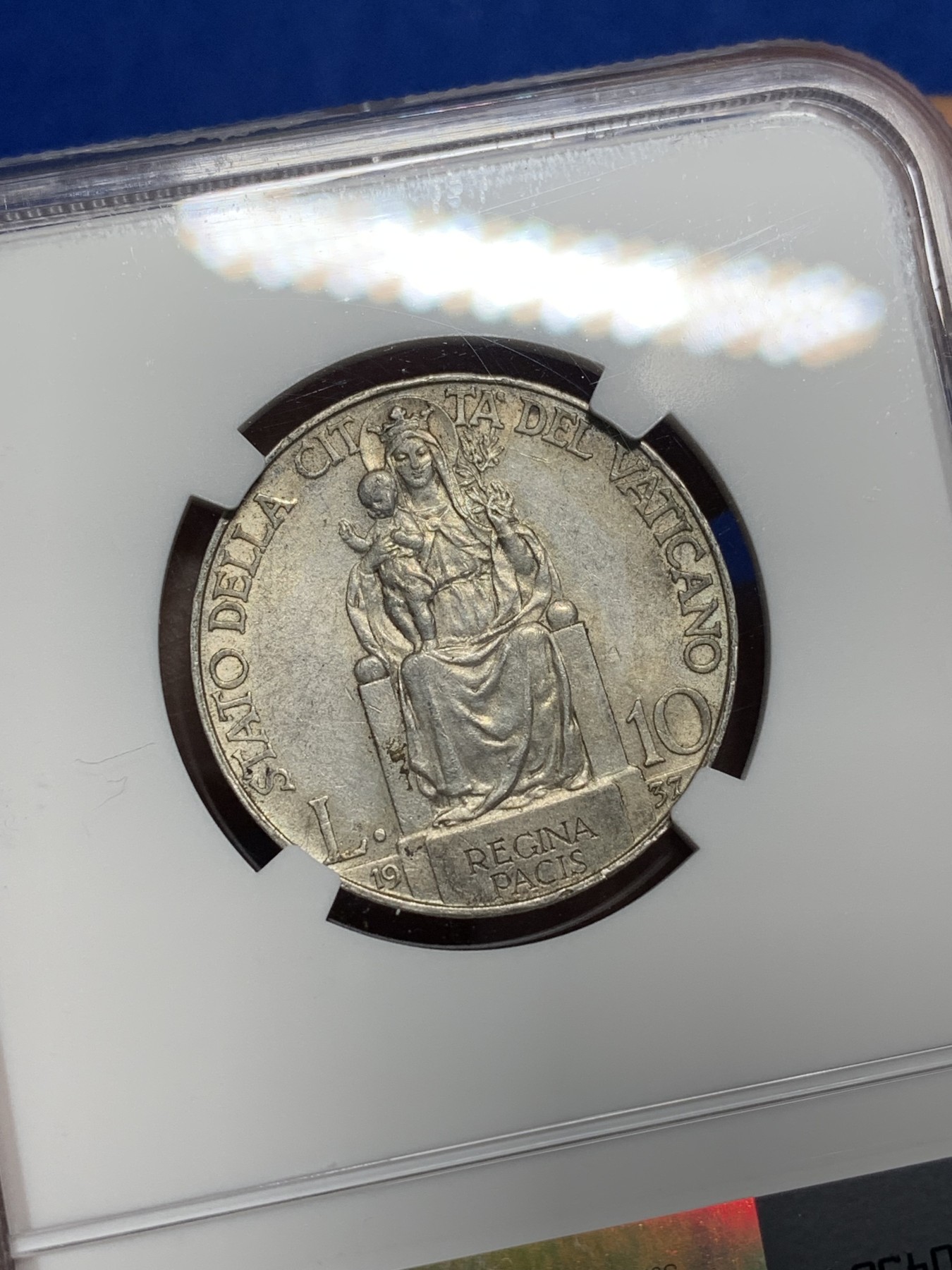 《竞宝斋》第222场-周日，周一 2场 (全场包邮) NGC-AU58 梵蒂冈 1937年 教皇庇护十一世 10里拉银币