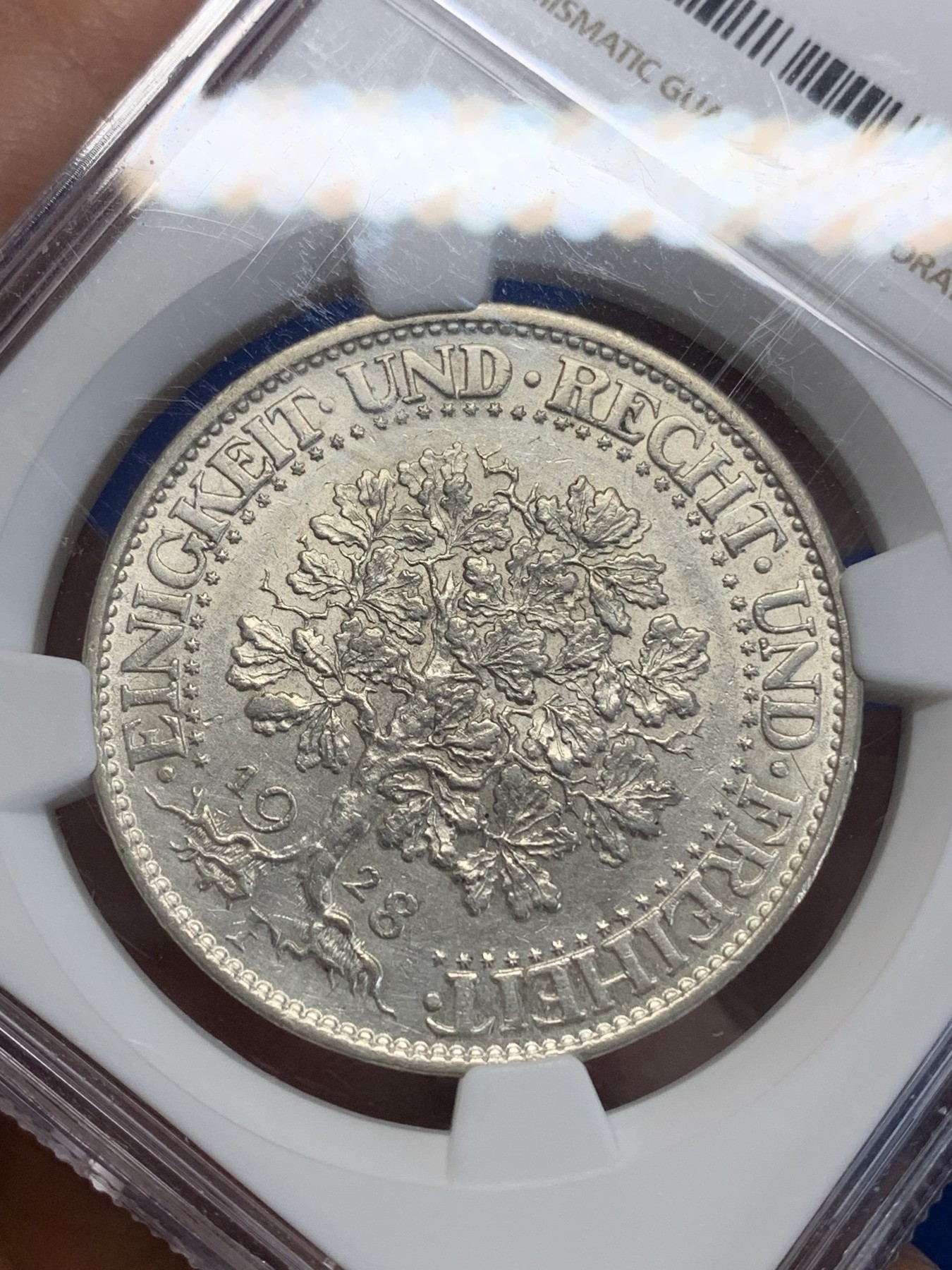 《竞宝斋》第222场-周日，周一 2场 (全场包邮) NGC UNC 德国魏玛 1928年F版 5马克橡树银币 双面转光 品相不错