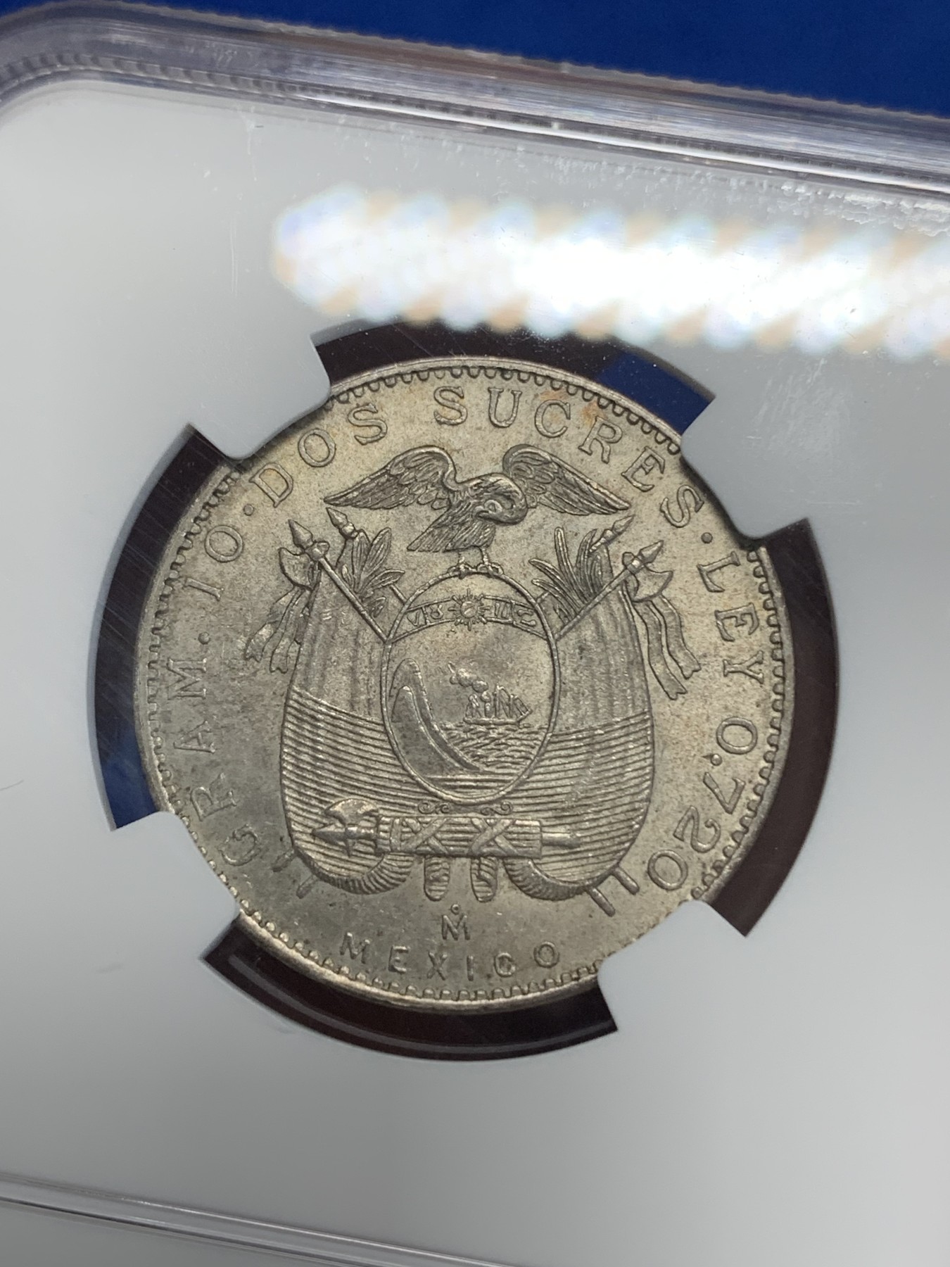 《竞宝斋》第222场-周日，周一 2场 (全场包邮) NGC MS64厄瓜多尔1944年2S银币 墨西哥代铸 十字转光 小面值好品稀见 南美热门