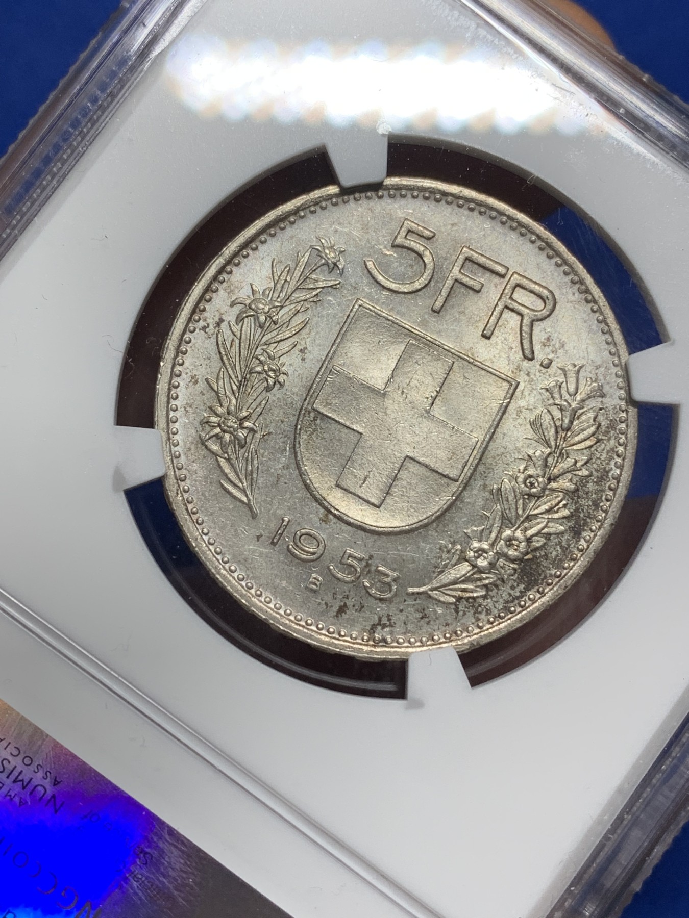 《竞宝斋》第222场-周日，周一 2场 (全场包邮) NGC MS63 瑞士1953年威廉泰尔5法郎银币