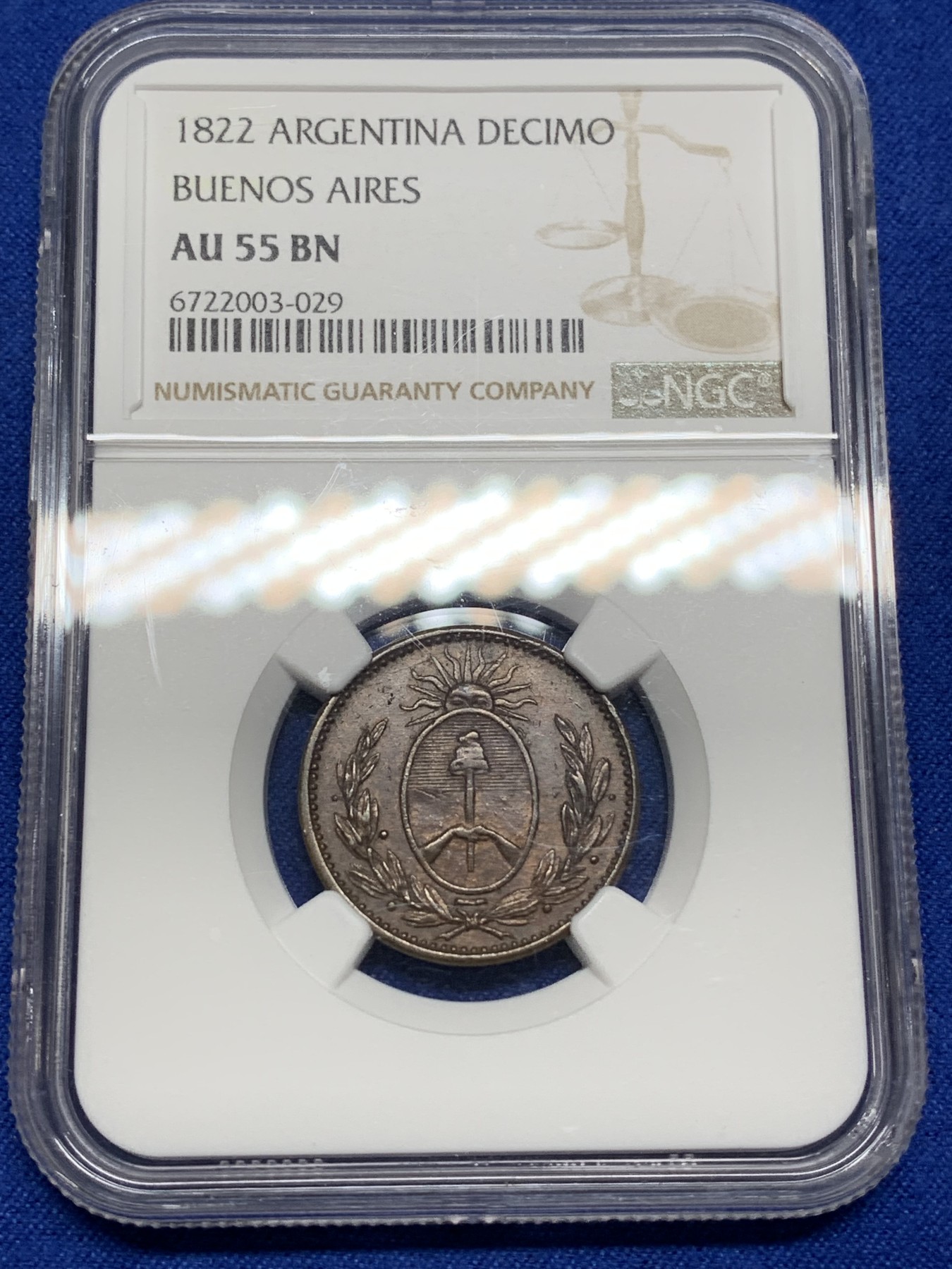 《竞宝斋》第222场-周日，周一 2场 (全场包邮) NGC-AU55BN 阿根廷1822年布宜诺斯艾利斯1D铜币，60分参考价160美元。早期阿根廷稀见