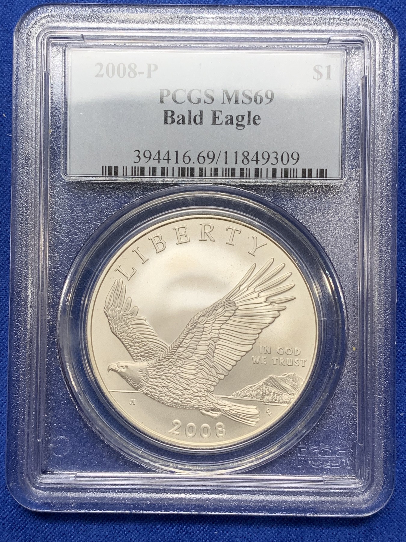 《竞宝斋》第222场-周日，周一 2场 (全场包邮) PCGS-MS69 2008年美国1元白头海雕纪念银币，接近满分状态完美，币面呈凝霜状态，0.900银，26.73克
