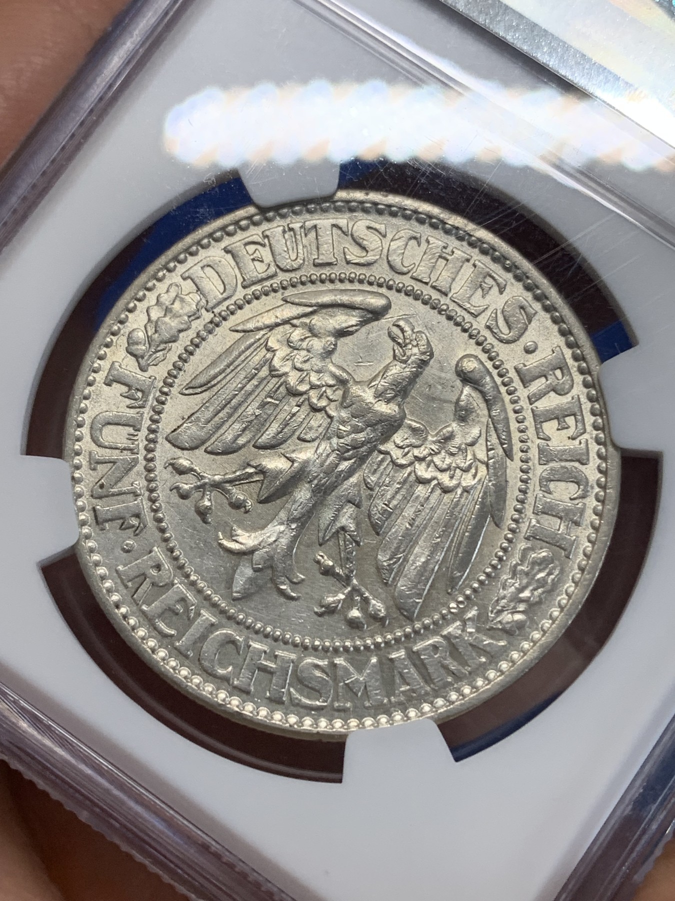 《竞宝斋》第222场-周日，周一 2场 (全场包邮) NGC UNC 德国魏玛 1928年F版 5马克橡树银币 双面转光 品相不错