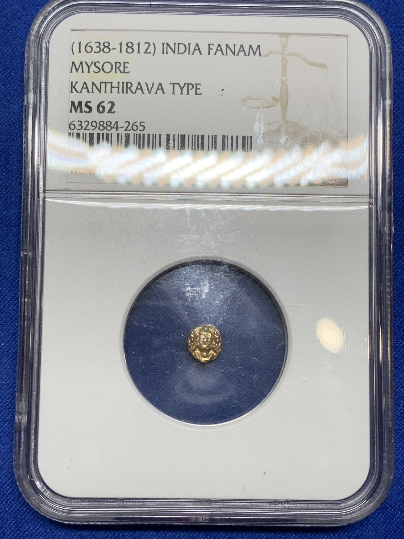 《竞宝斋》第222场-周日，周一 2场 (全场包邮) NGC-MS62 印度迈索尔王国 1638-1812年 1F 金币 上涨品种