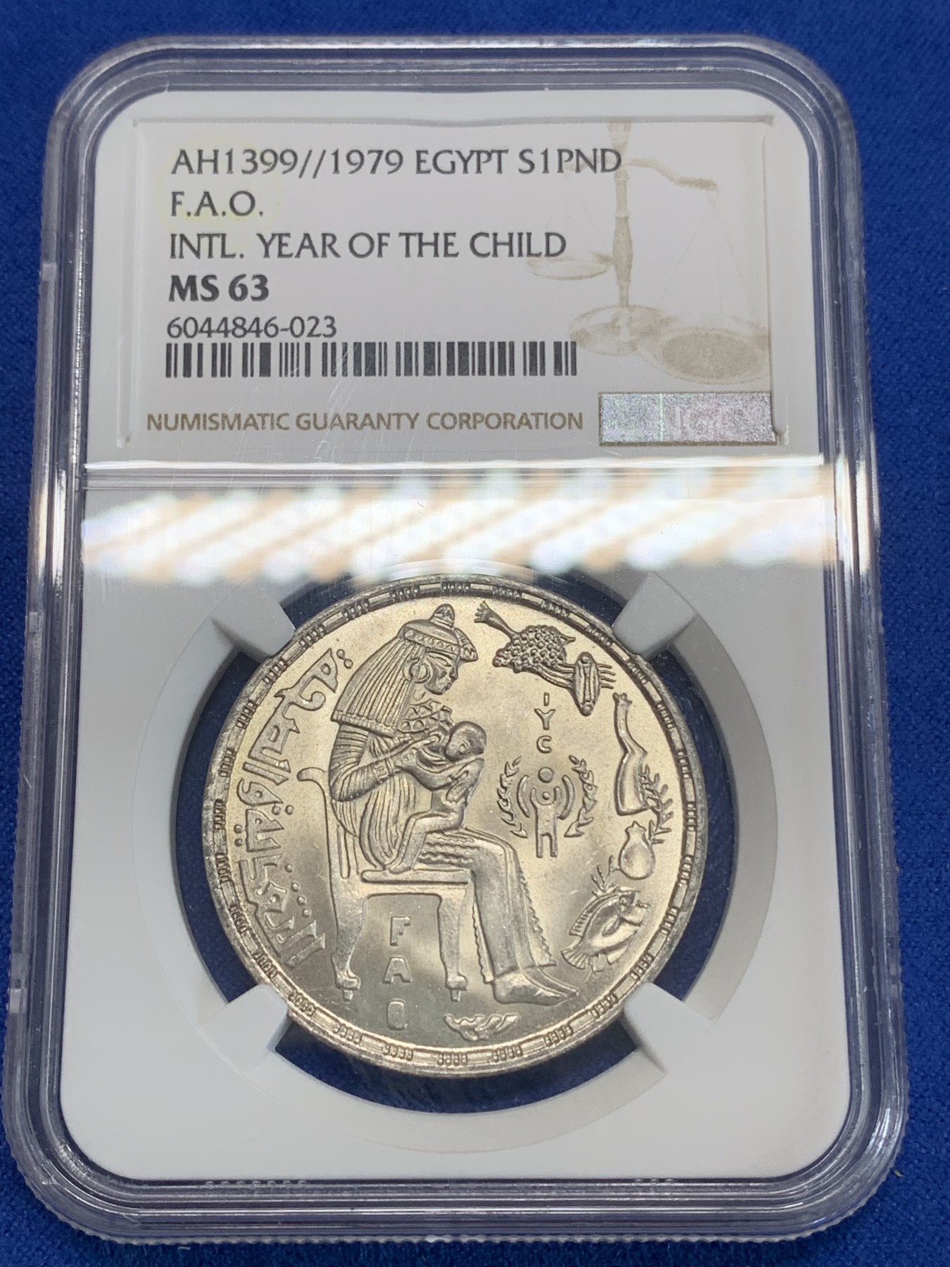 《竞宝斋》第222场-周日，周一 2场 (全场包邮) NGC MS63 埃及1979年FAO和国际儿童年纪念1镑银币，发行量48000 023