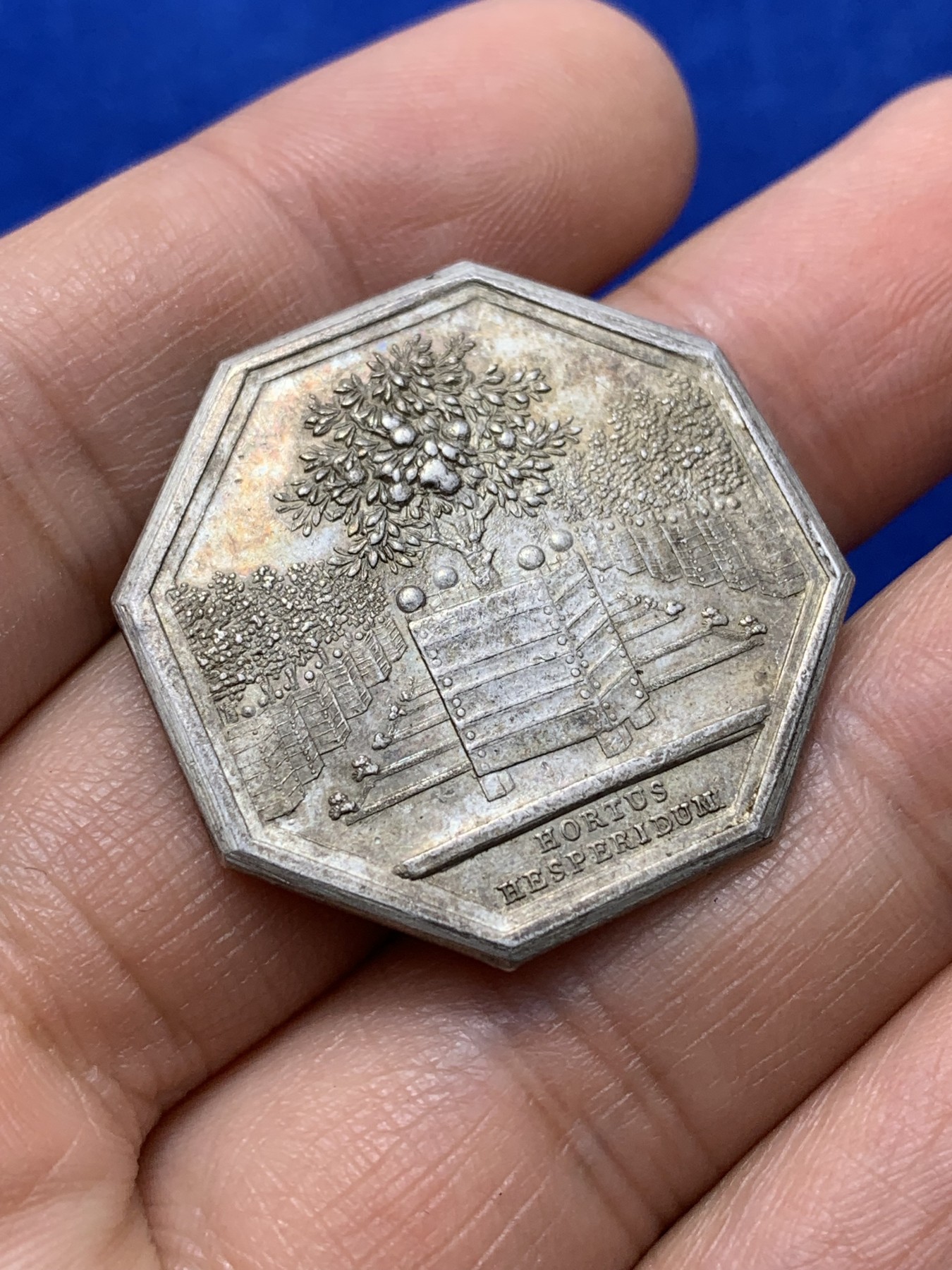 《竞宝斋》第222场-周日，周一 2场 (全场包邮) 法国红苹果园林银质八角代币 约31.6mm 12g 品相不错 早期无边铭（送小方盒）