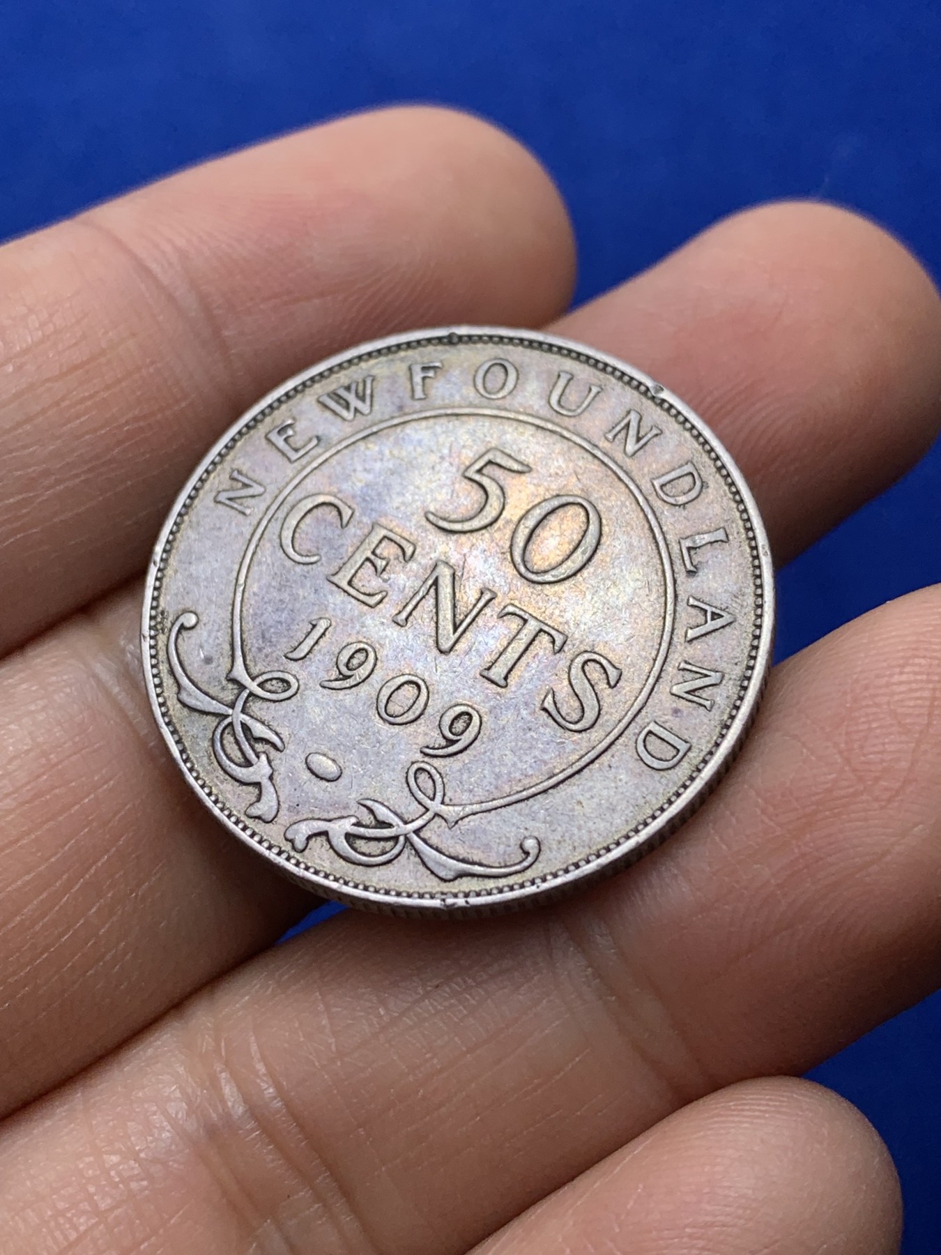 《竞宝斋》第222场-周日，周一 2场 (全场包邮) 纽芬兰1909年爱德华七世50分银币 半圆形 少见品种