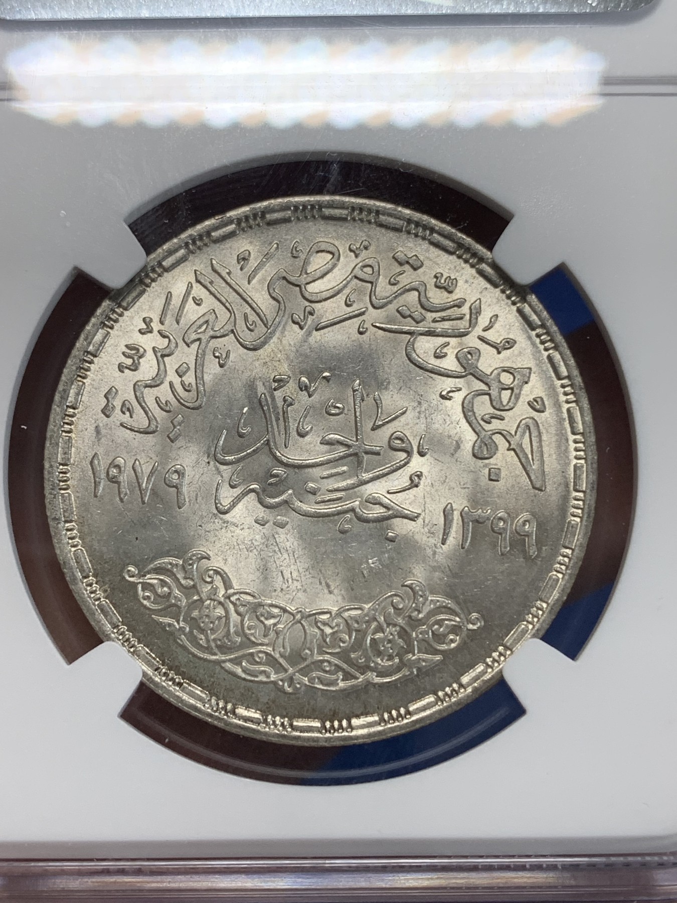 《竞宝斋》第222场-周日，周一 2场 (全场包邮) NGC MS63 埃及1979年FAO和国际儿童年纪念1镑银币，发行量48000 023