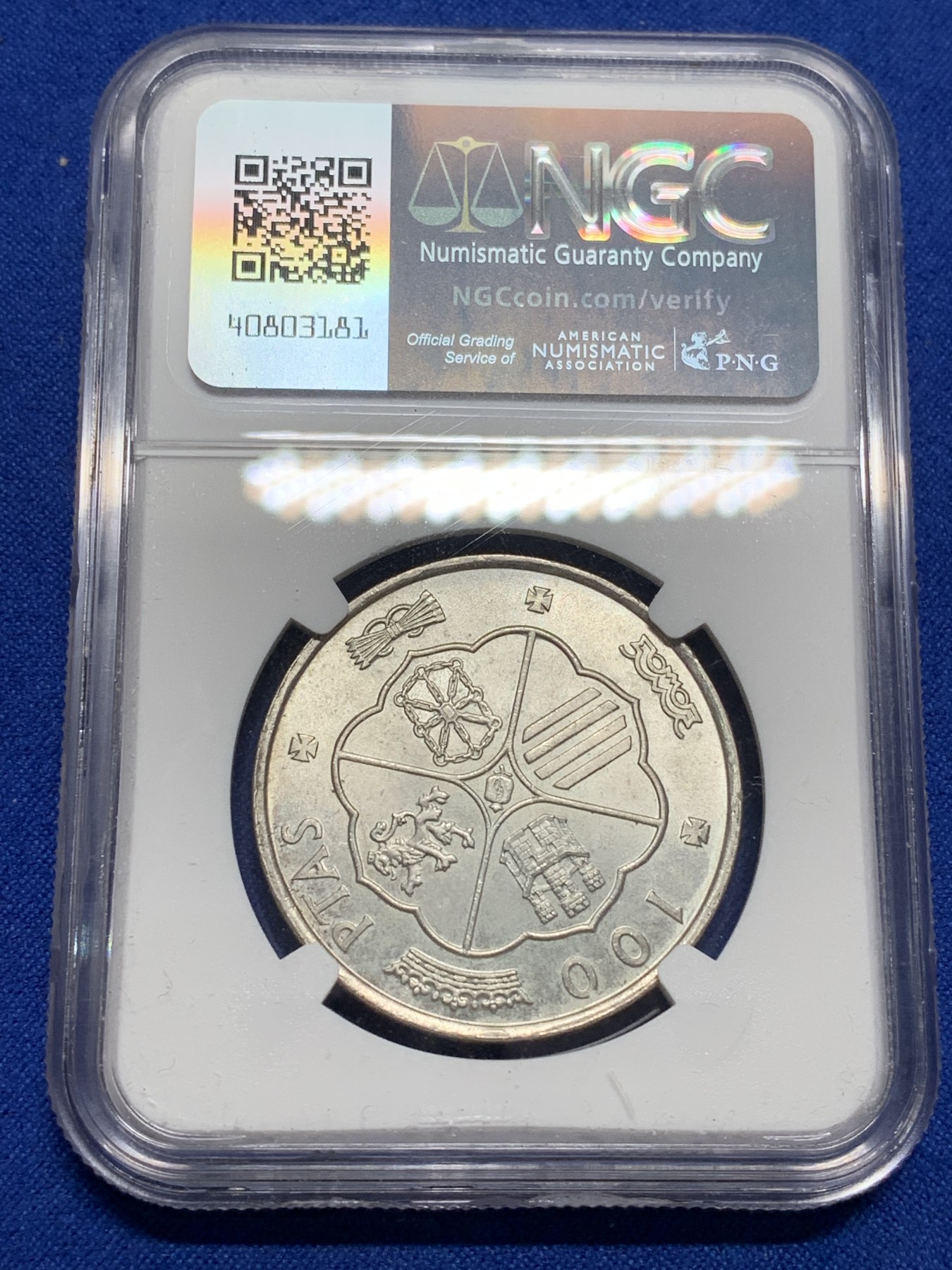 《竞宝斋》第222场-周日，周一 2场 (全场包邮) NGC MS64 西班牙1966佛朗哥100比赛塔银币 69版