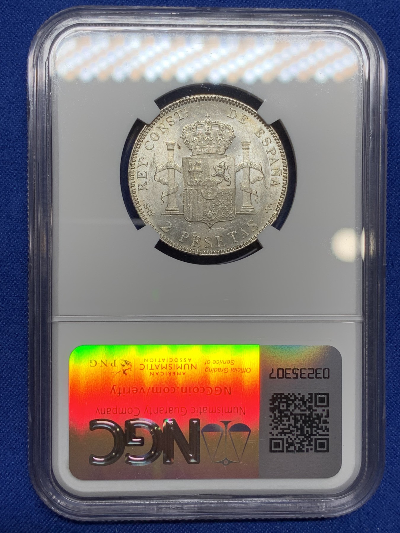 《竞宝斋》第222场-周日，周一 2场 (全场包邮) NGC-MS61 西班牙1905阿方索十三世2比塞塔银币