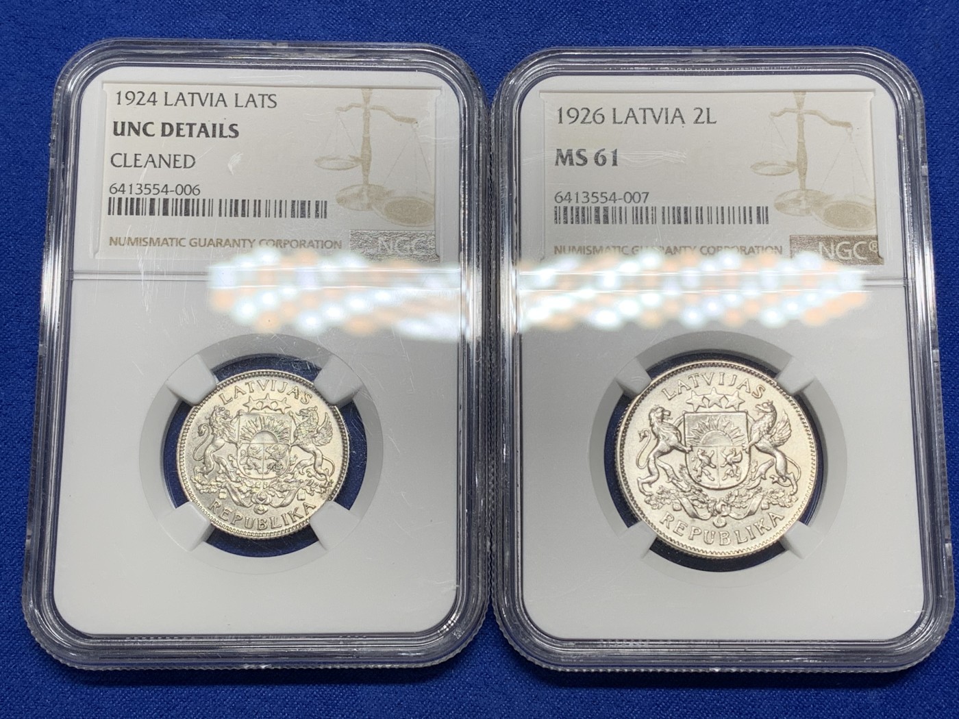 《竞宝斋》第222场-周日，周一 2场 (全场包邮) 两枚一组 NGC拉脱维亚银币一对 UNCD 1924年1拉特+MS61 1926年2拉特