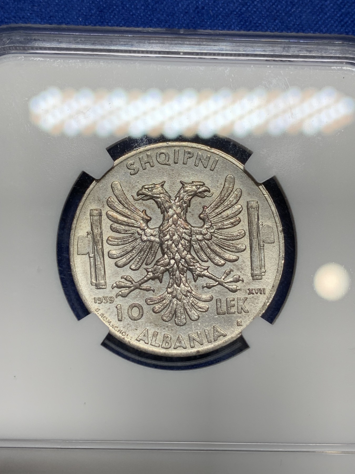 《竞宝斋》第222场-周日，周一 2场 (全场包邮) NGC-UNCD 1939年阿尔巴尼亚10列银币，少见银币。状态十分精美