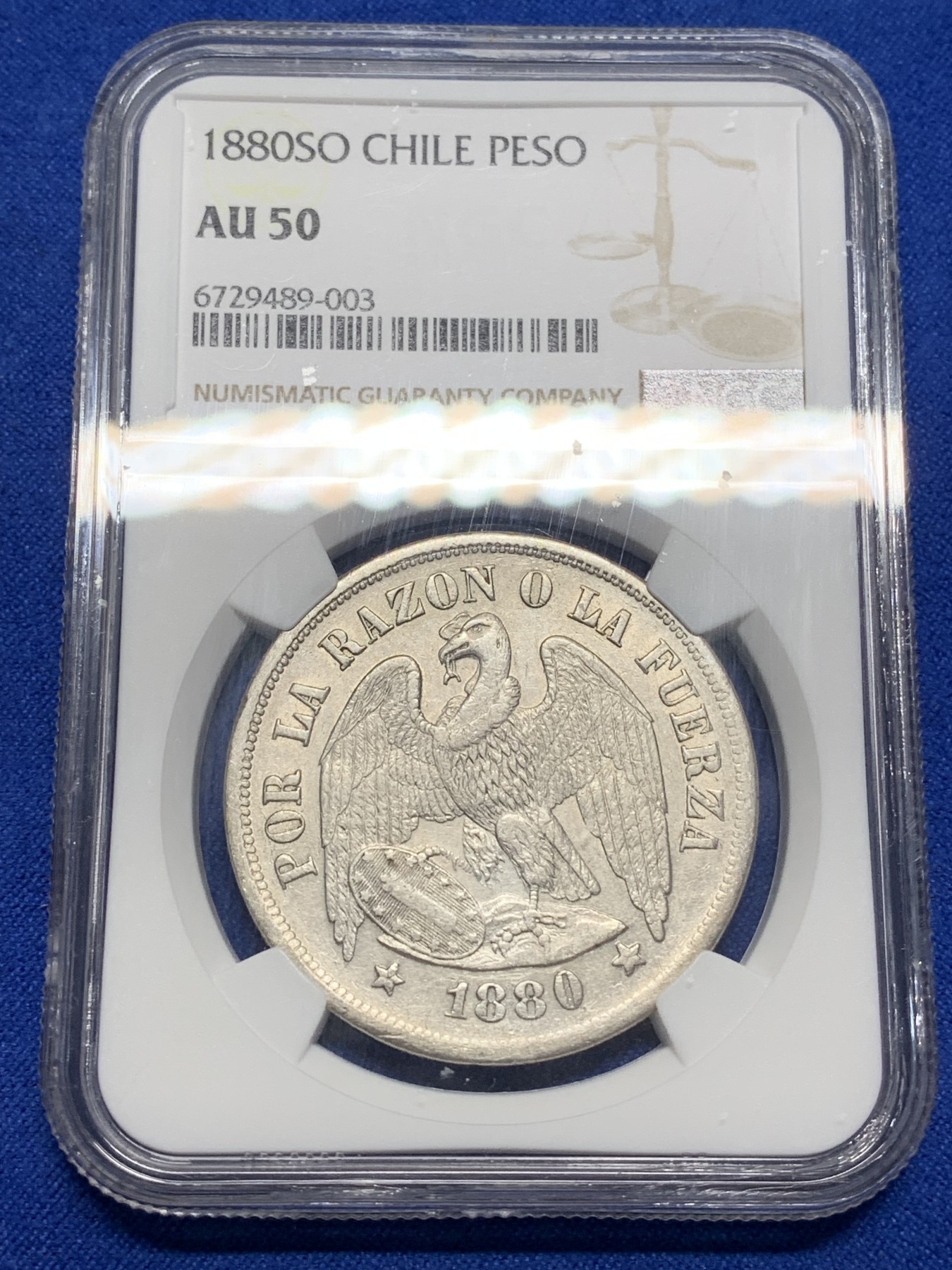 《竞宝斋》第222场-周日，周一 2场 (全场包邮) NGC AU50 智利1880年安第斯神鹰1比索大银币
