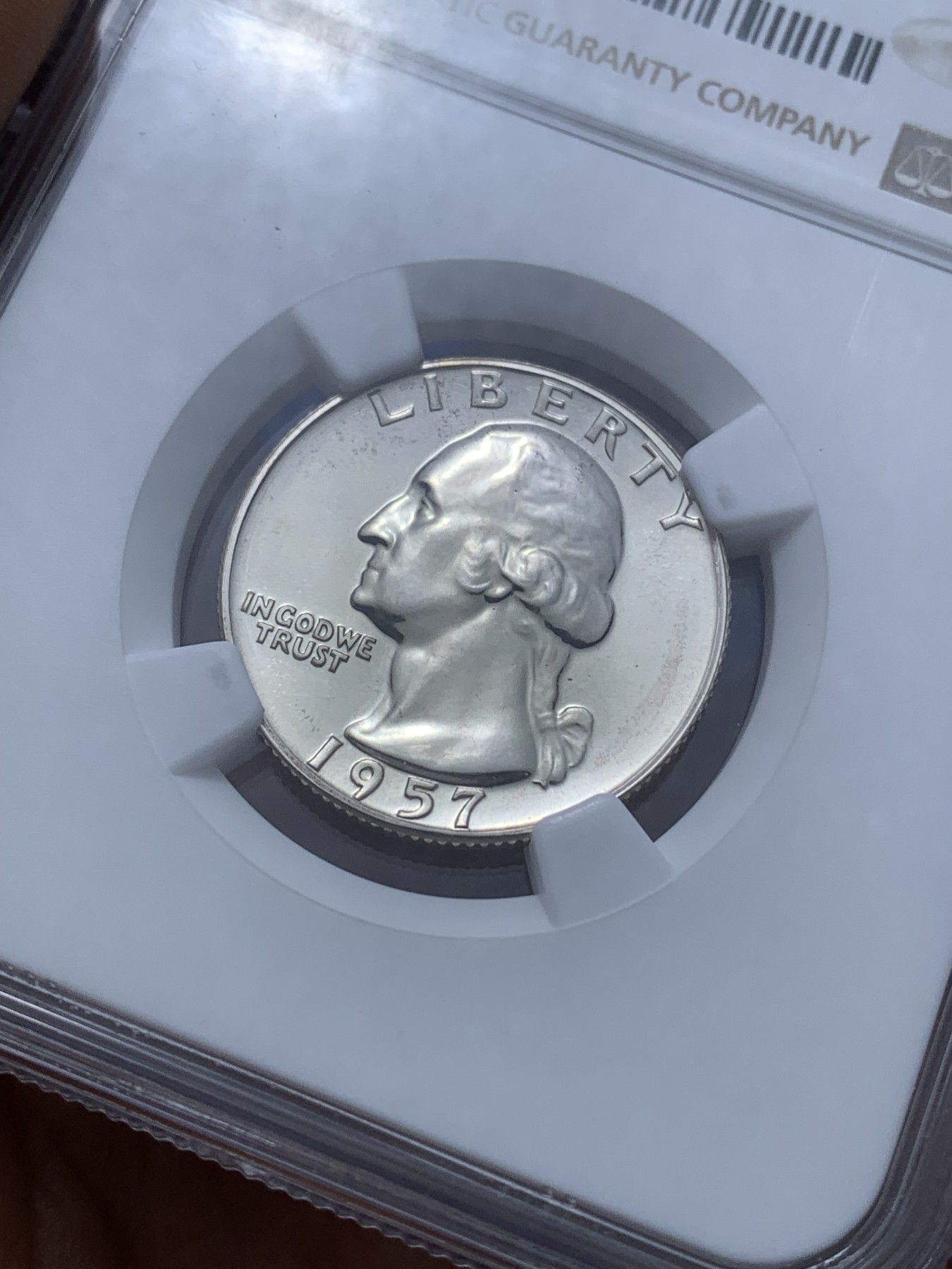 《竞宝斋》第222场-周日，周一 2场 (全场包邮) NGC-PF65 1957年华盛顿25美分精制银币，比60年代的少多了，状态十分精美