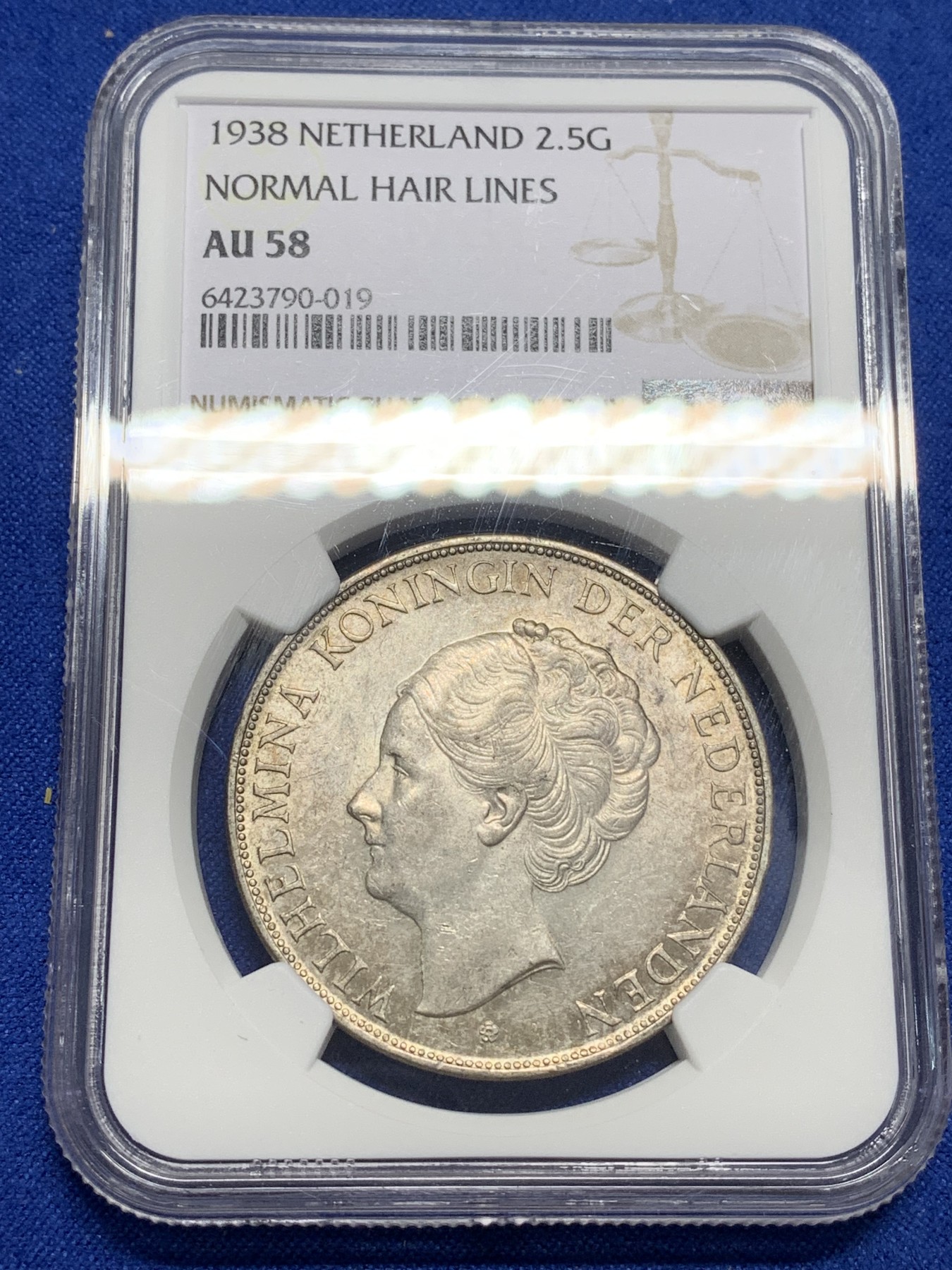 《竞宝斋》第222场-周日，周一 2场 (全场包邮) NGC AU58 荷兰1938年威廉明娜女王2.5盾大银币