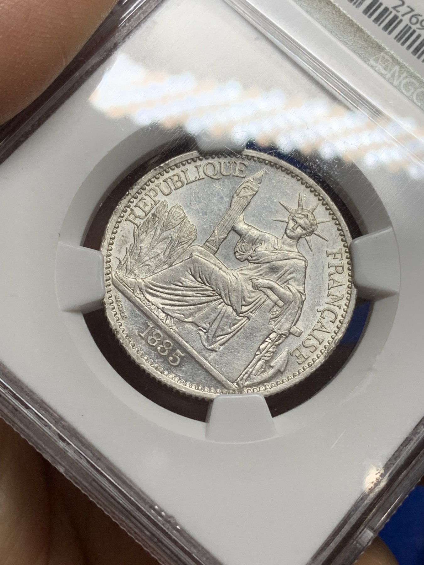 《竞宝斋》第222场-周日，周一 2场 (全场包邮) NGC AU58 法属印支 1885年50分，发行量仅4万枚，稀有原光品相！