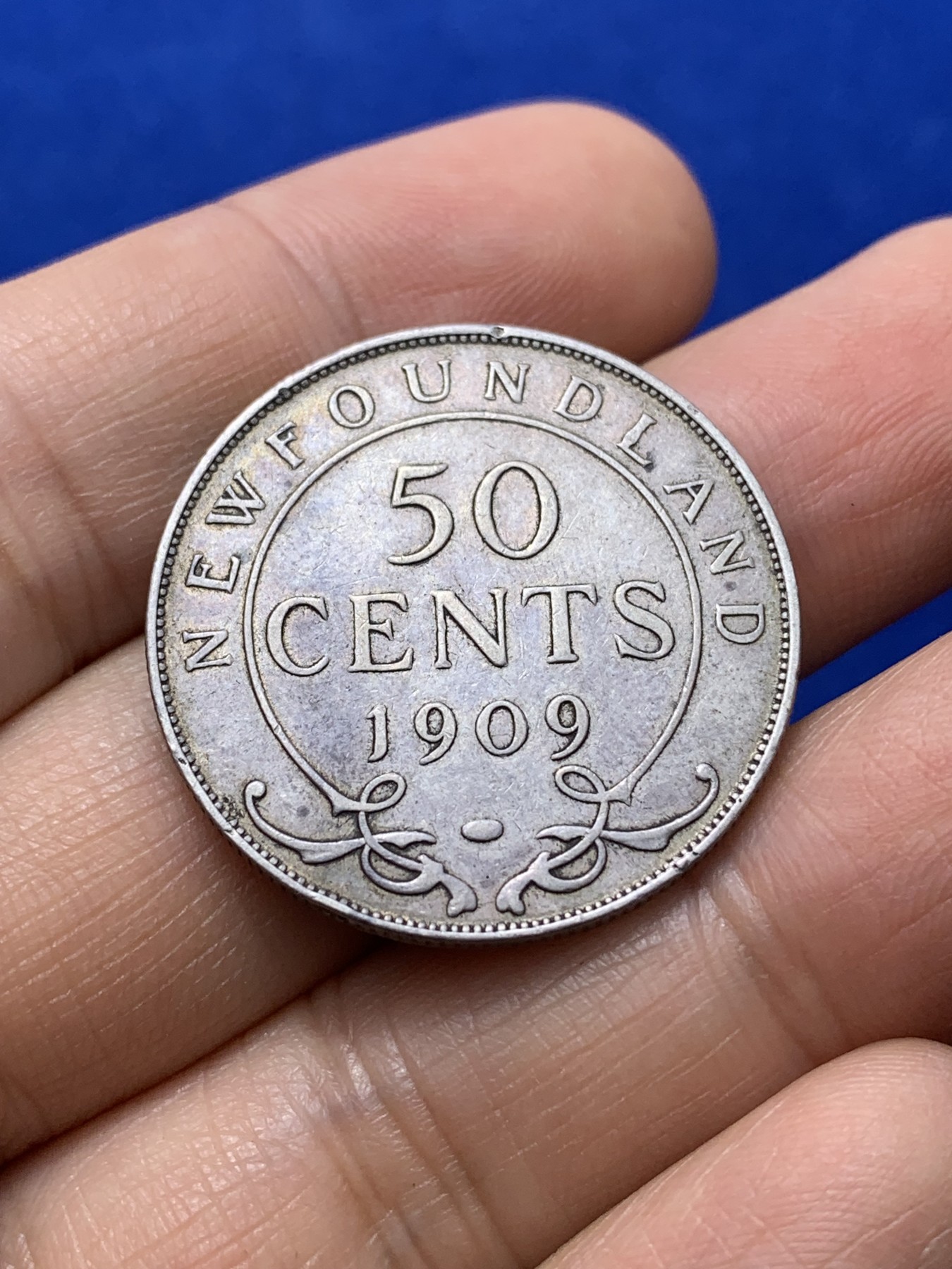 《竞宝斋》第222场-周日，周一 2场 (全场包邮) 纽芬兰1909年爱德华七世50分银币 半圆形 少见品种