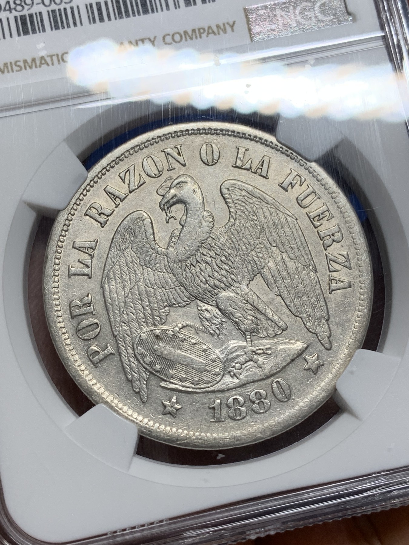 《竞宝斋》第222场-周日，周一 2场 (全场包邮) NGC AU50 智利1880年安第斯神鹰1比索大银币