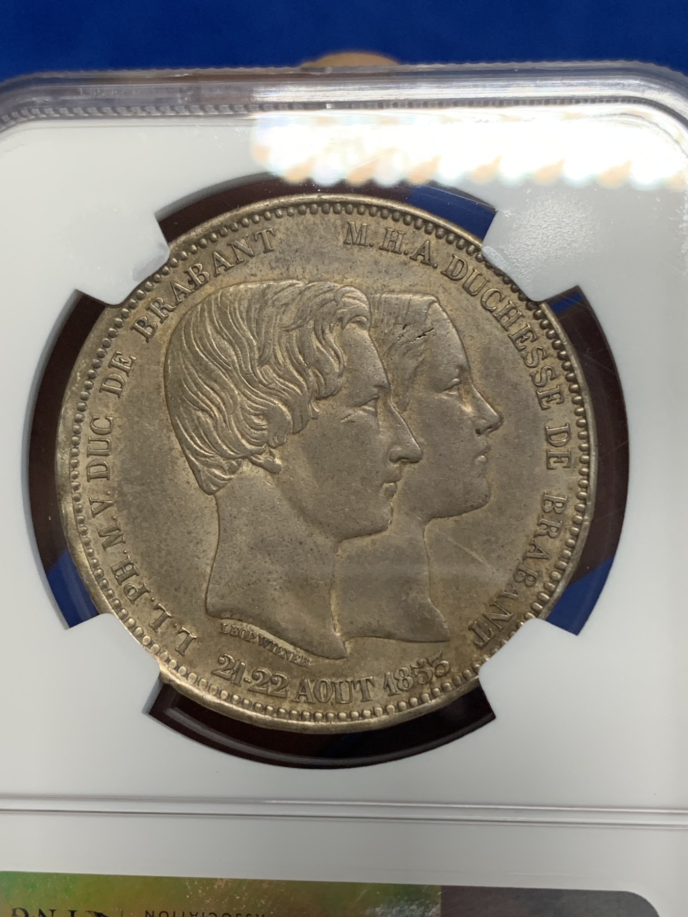 《竞宝斋》第222场-周日，周一 2场 (全场包邮) NGC AUD 比利时1853利奥波德一世皇家婚礼5法郎大银币 双头像 稀少品种 铸造仅32000枚 底板干净 包浆油润