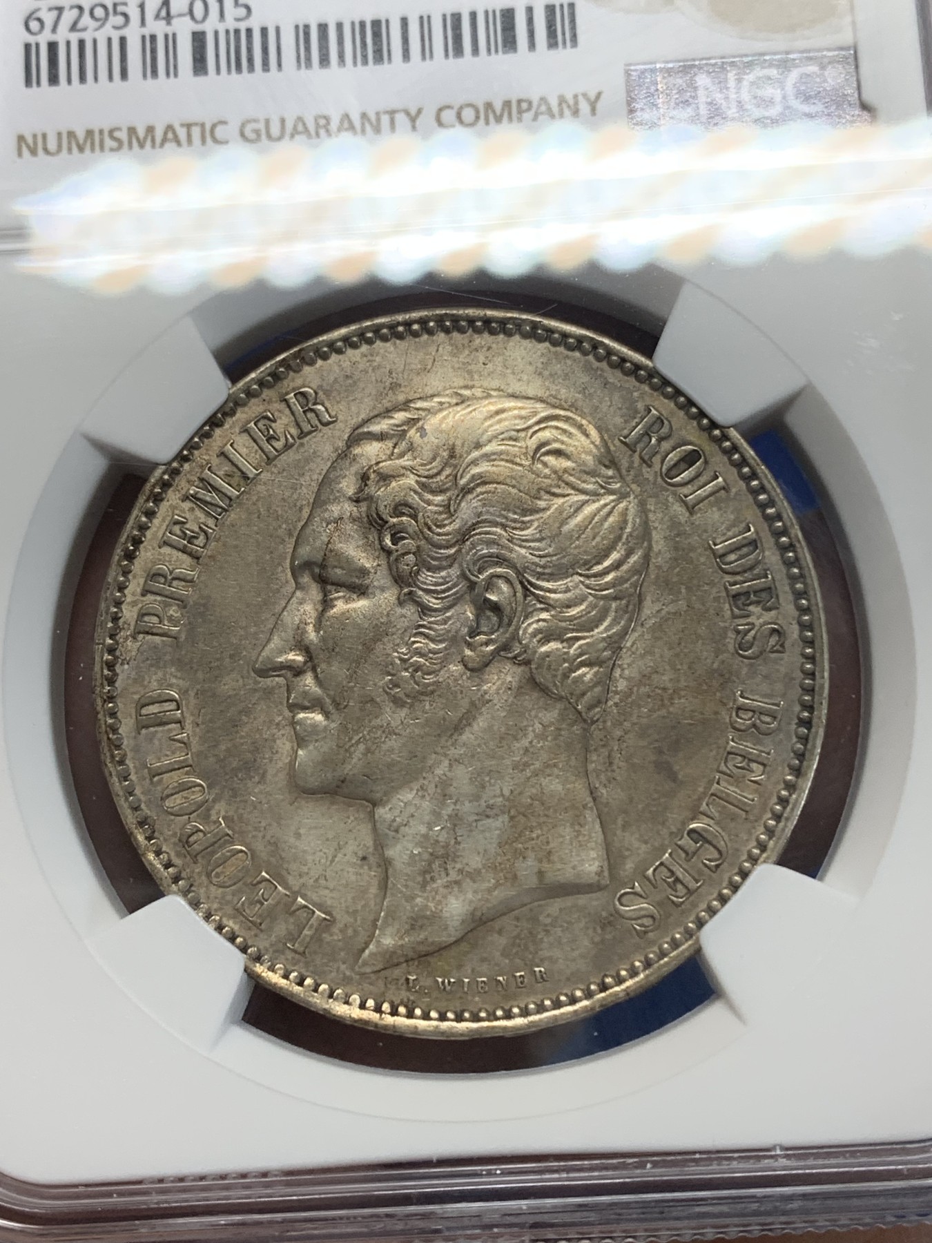 《竞宝斋》第222场-周日，周一 2场 (全场包邮) NGC AUD 比利时1853利奥波德一世皇家婚礼5法郎大银币 双头像 稀少品种 铸造仅32000枚 底板干净 包浆油润