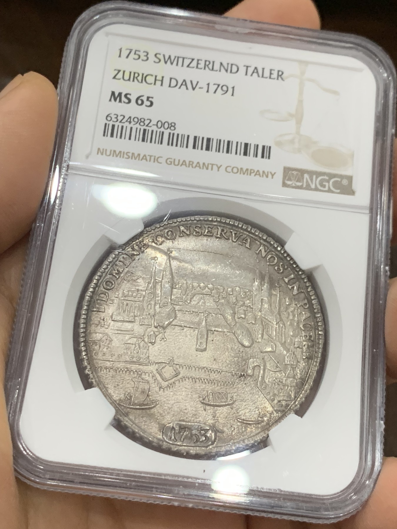 《竞宝斋》第222场-周日，周一 2场 (全场包邮) 唯一冠军分 NGC MS65 瑞士 1753 苏黎世 景观泰勒 大银币 近乎完美的状态 一旦所有别无所求