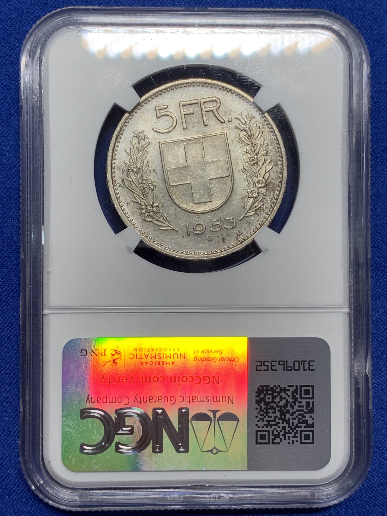 《竞宝斋》第222场-周日，周一 2场 (全场包邮) NGC MS63 瑞士1953年威廉泰尔5法郎银币