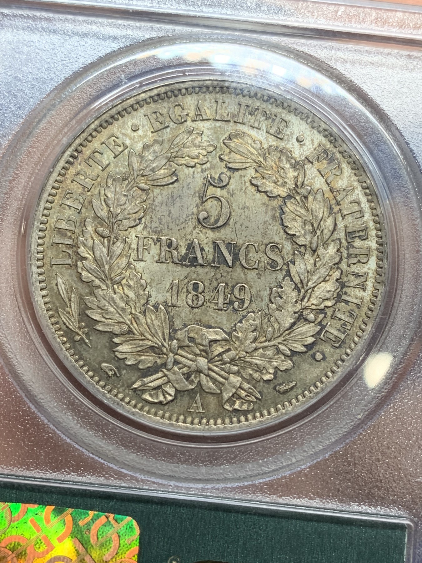 《竞宝斋》第222场-周日，周一 2场 (全场包邮) PCGS MS65 法国 1849 谷物女神 5法郎银币 等级高分 状态同样惊人 双面金黄包浆 早期绿盒