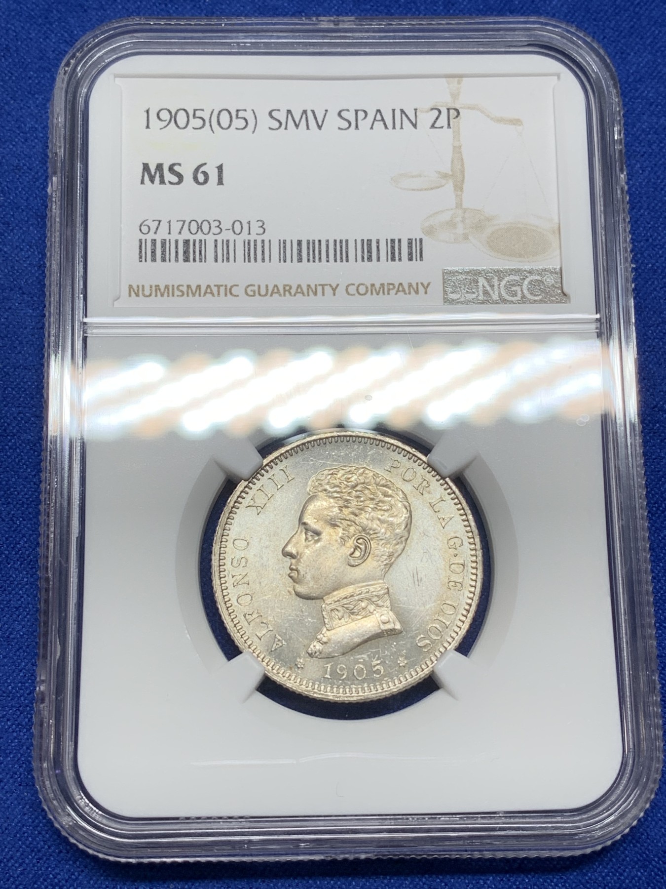 《竞宝斋》第222场-周日，周一 2场 (全场包邮) NGC-MS61 西班牙1905阿方索十三世2比塞塔银币