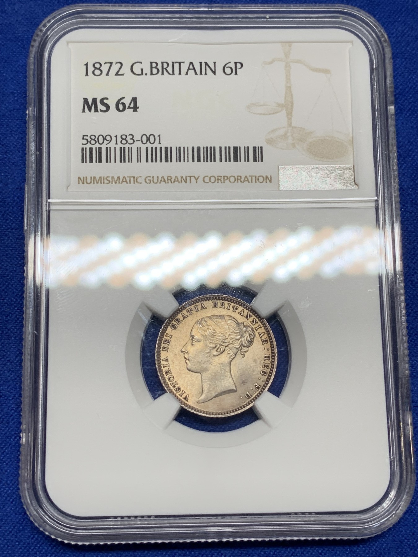 《竞宝斋》第222场-周日，周一 2场 (全场包邮) NGC-MS64 英国1872年小维头像6便士  稀少年份  更高分仅9枚