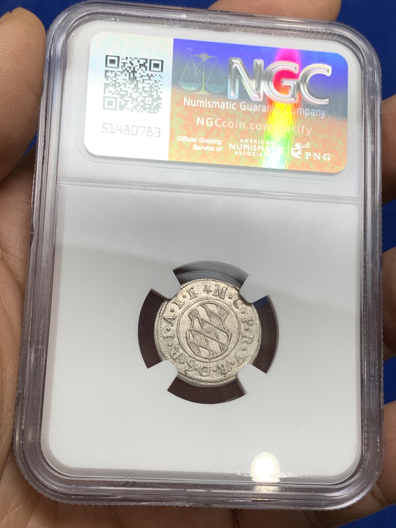 《竞宝斋》第222场-周日，周一 2场 (全场包邮) NGC MS61 德国1624巴伐利亚2克鲁泽小银币，更高分仅两枚。