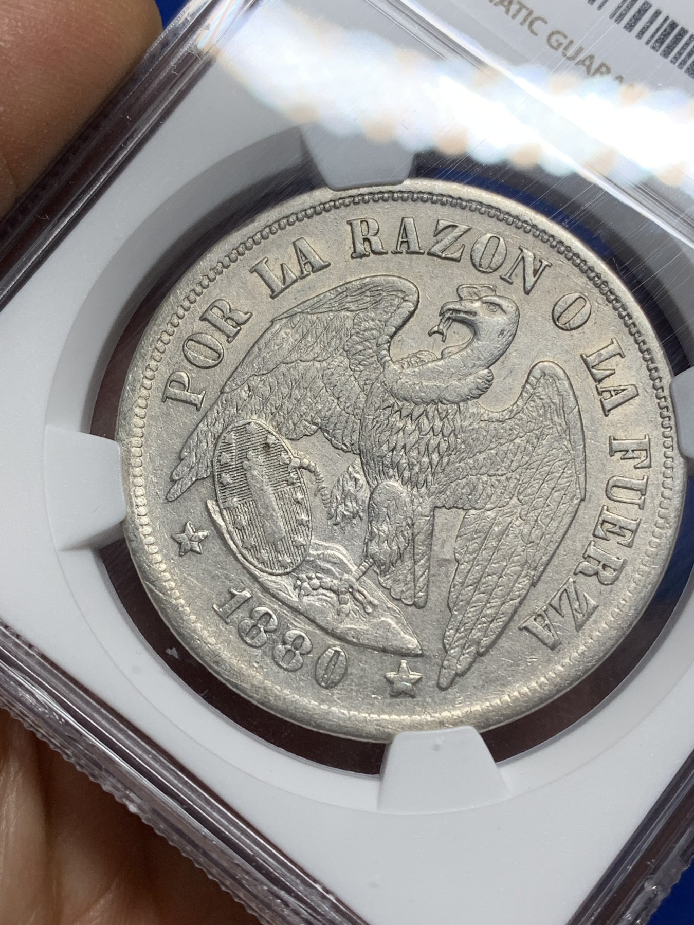 《竞宝斋》第222场-周日，周一 2场 (全场包邮) NGC AU50 智利1880年安第斯神鹰1比索大银币