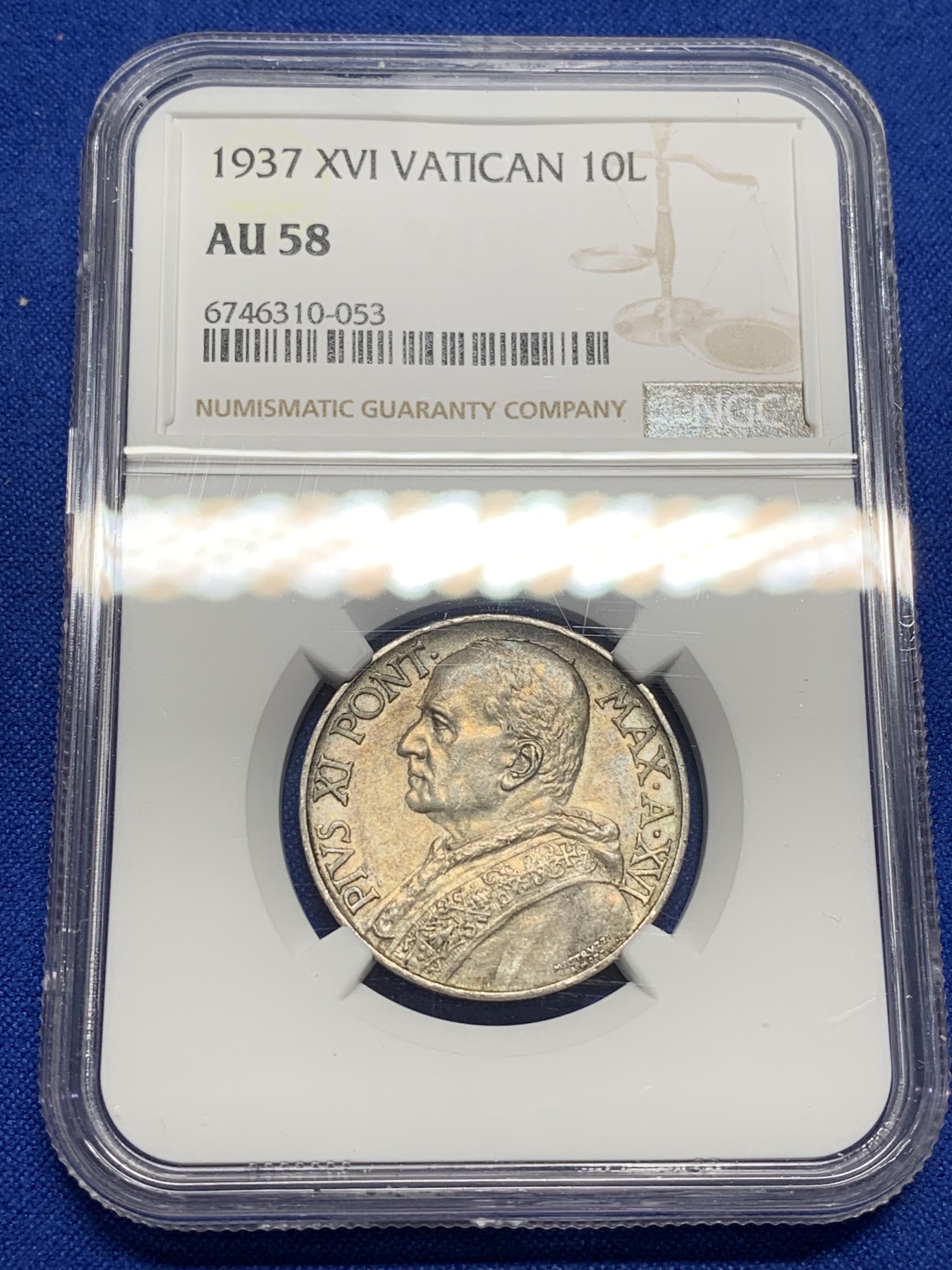 《竞宝斋》第222场-周日，周一 2场 (全场包邮) NGC-AU58 梵蒂冈 1937年 教皇庇护十一世 10里拉银币