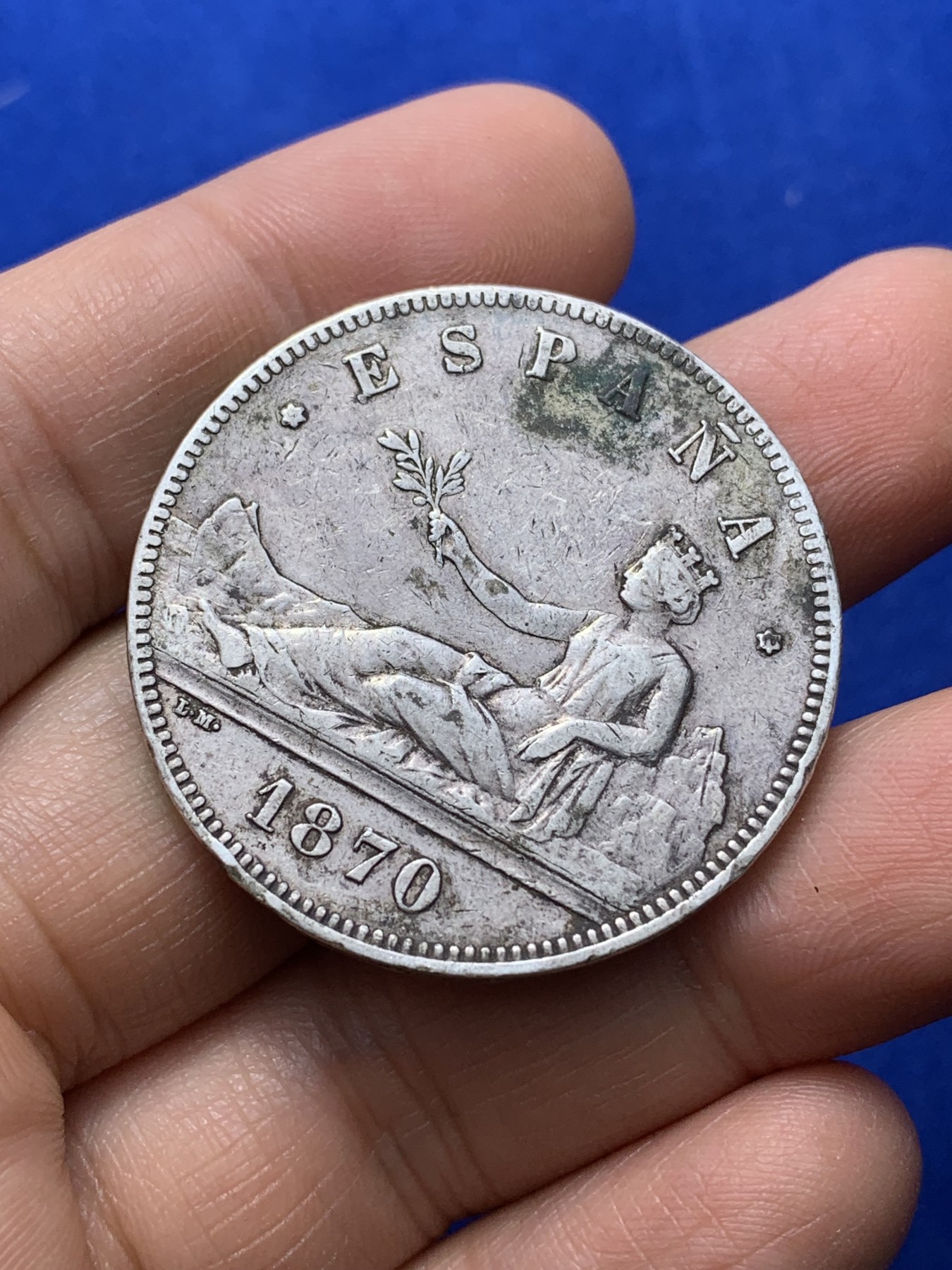 《竞宝斋》第222场-周日，周一 2场 (全场包邮) 西班牙 1870年 5比塞塔 拿花大银币  原味流通品 人像盾徽清晰 高点保存不错