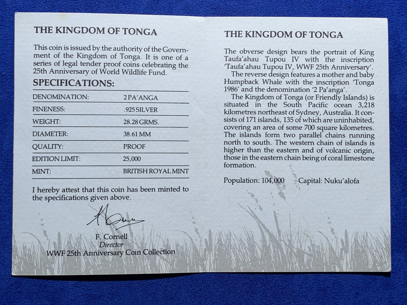 《竞宝斋》第222场-周日，周一 2场 (全场包邮) 汤加1986年世界野生动物基金会系列座头鲸2潘加精制银币。直径39mm，重28.28g，925银，发行量25000枚。PROOF镜面状态精制币，带证书，状态极佳。