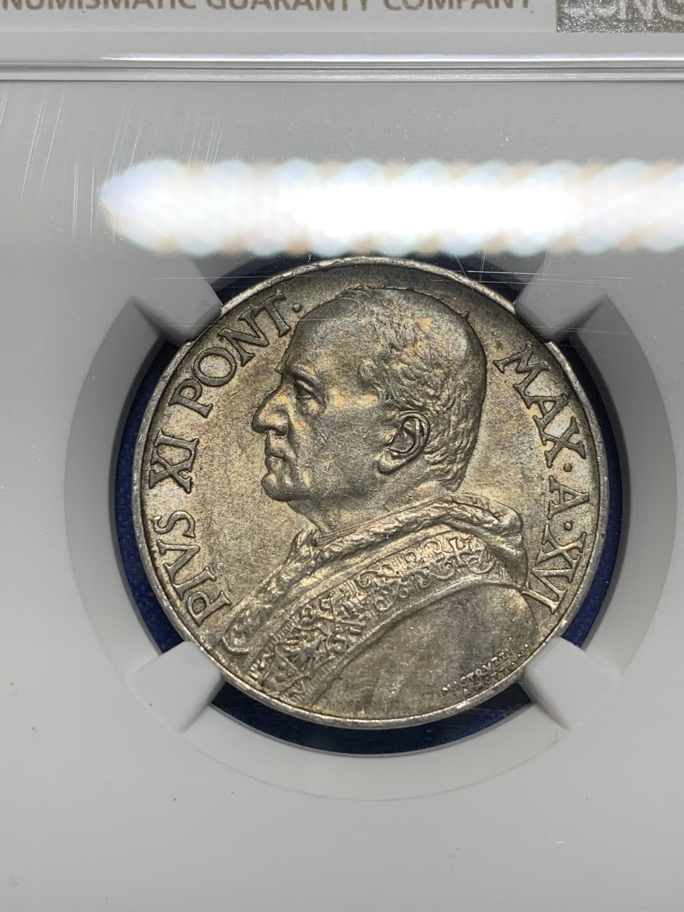 《竞宝斋》第222场-周日，周一 2场 (全场包邮) NGC-AU58 梵蒂冈 1937年 教皇庇护十一世 10里拉银币