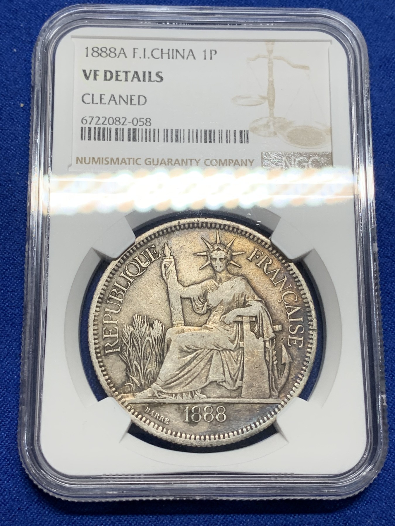 《竞宝斋》第222场-周日，周一 2场 (全场包邮) NGC VF 坐洋银元1888年法属印支银币1皮埃斯特 少见五珍加重版 原味老包浆 发财年份