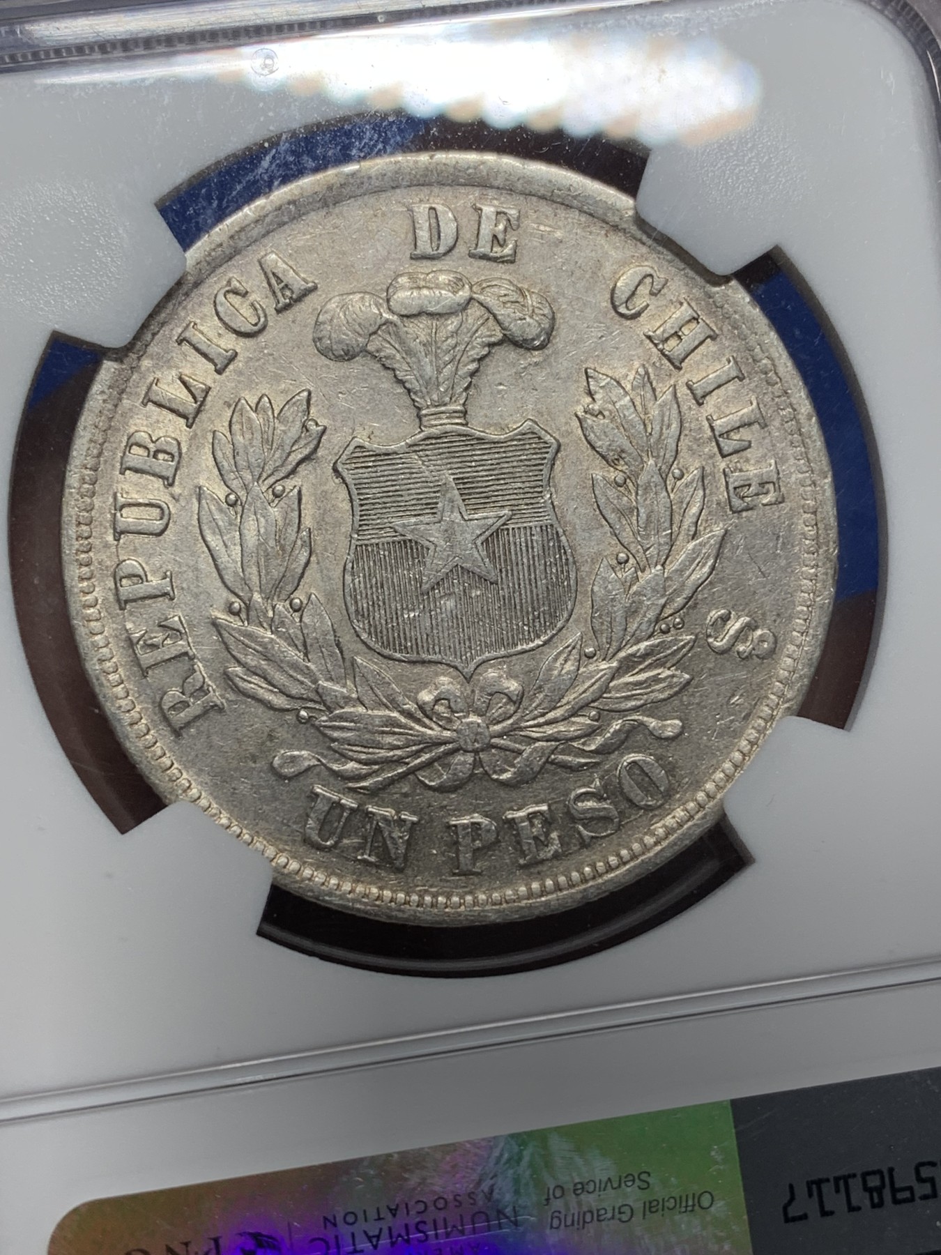 《竞宝斋》第222场-周日，周一 2场 (全场包邮) NGC AU50 智利1880年安第斯神鹰1比索大银币