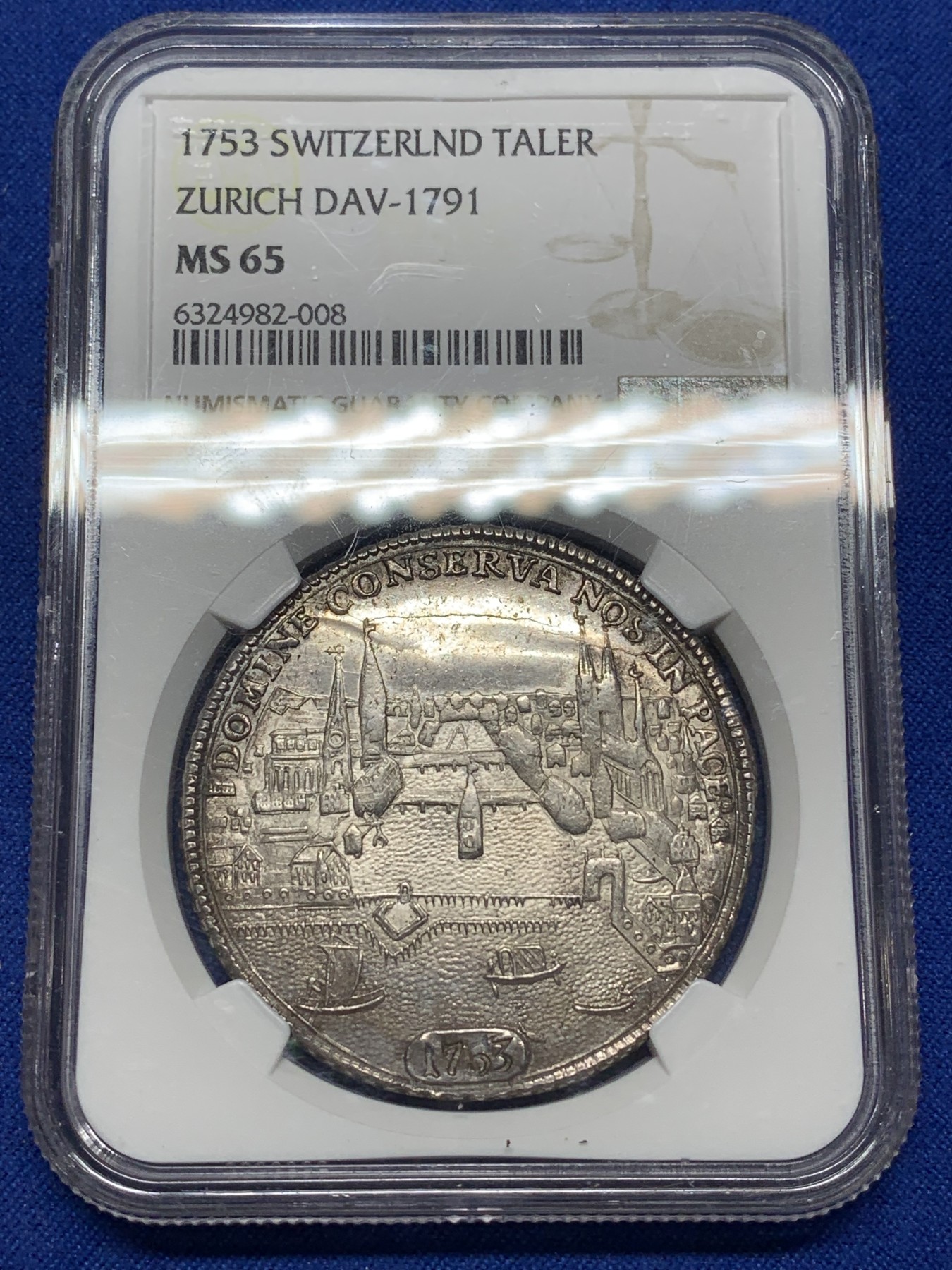 《竞宝斋》第222场-周日，周一 2场 (全场包邮) 唯一冠军分 NGC MS65 瑞士 1753 苏黎世 景观泰勒 大银币 近乎完美的状态 一旦所有别无所求