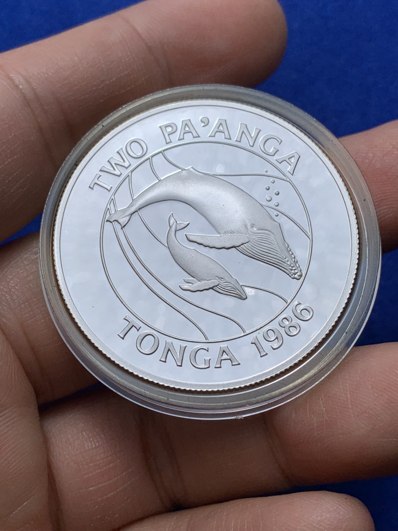 《竞宝斋》第222场-周日，周一 2场 (全场包邮) 汤加1986年世界野生动物基金会系列座头鲸2潘加精制银币。直径39mm，重28.28g，925银，发行量25000枚。PROOF镜面状态精制币，带证书，状态极佳。