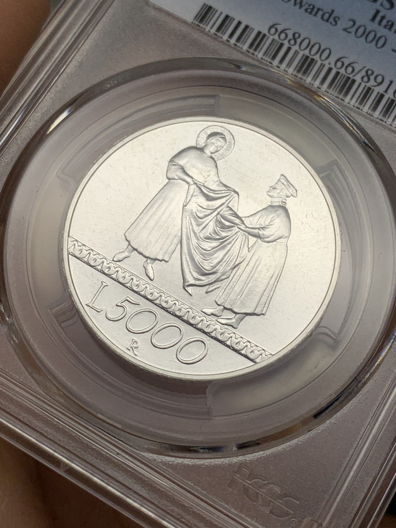 《竞宝斋》第222场-周日，周一 2场 (全场包邮) PCGS-MS66 意大利1999年迈向2000年5000里拉银币