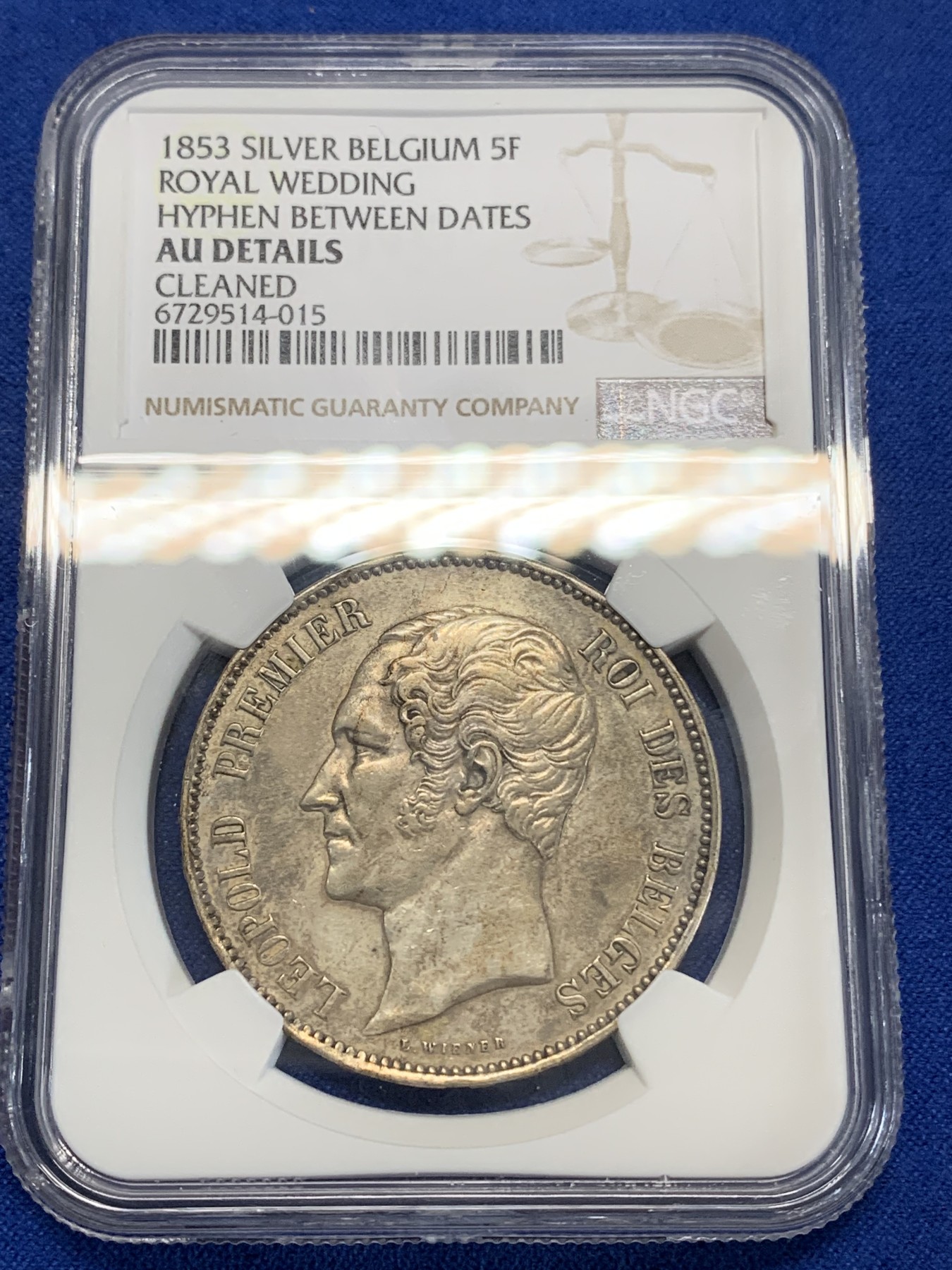 《竞宝斋》第222场-周日，周一 2场 (全场包邮) NGC AUD 比利时1853利奥波德一世皇家婚礼5法郎大银币 双头像 稀少品种 铸造仅32000枚 底板干净 包浆油润