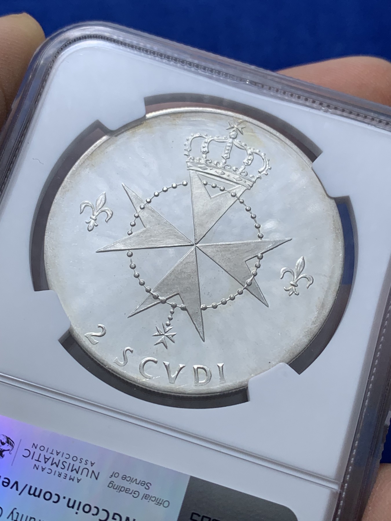 《竞宝斋》第222场-周日，周一 2场 (全场包邮) NGC PF63UC 马尔他1968年精制银币，稀有凭证，季军分，更高分仅2枚，盒子角上有磕，见图。