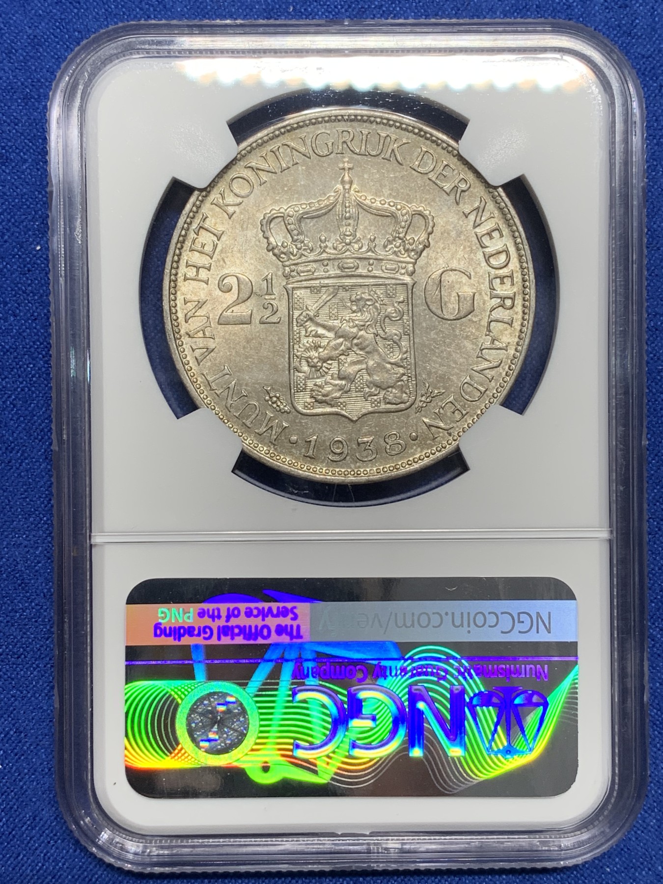 《竞宝斋》第222场-周日，周一 2场 (全场包邮) NGC AU58 荷兰1938年威廉明娜女王2.5盾大银币