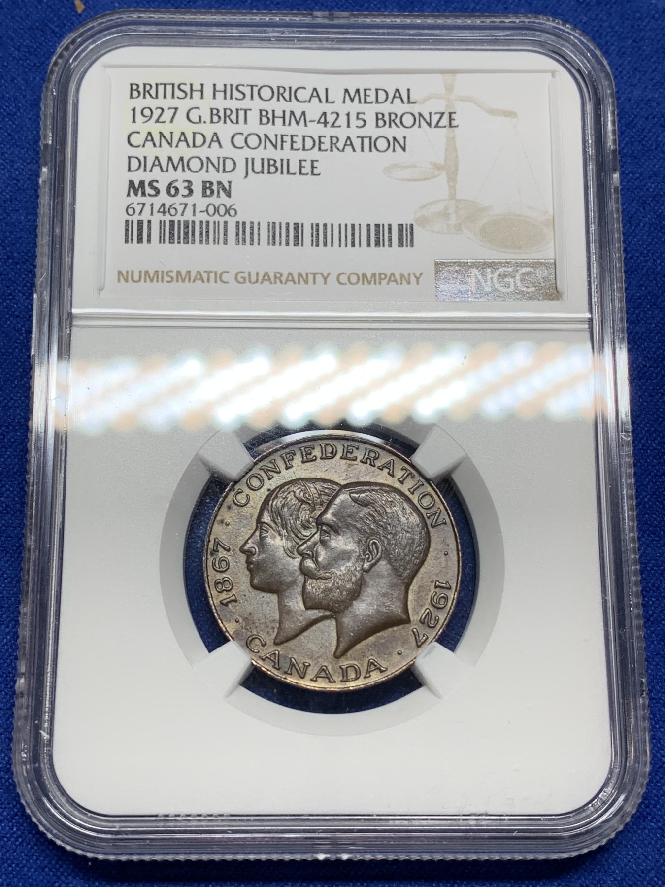 《竞宝斋》第222场-周日，周一 2场 (全场包邮) NGC-MS63 1927年英国纪念铜章，伯明翰铸造，此枚为亚军分，更高分数仅1枚