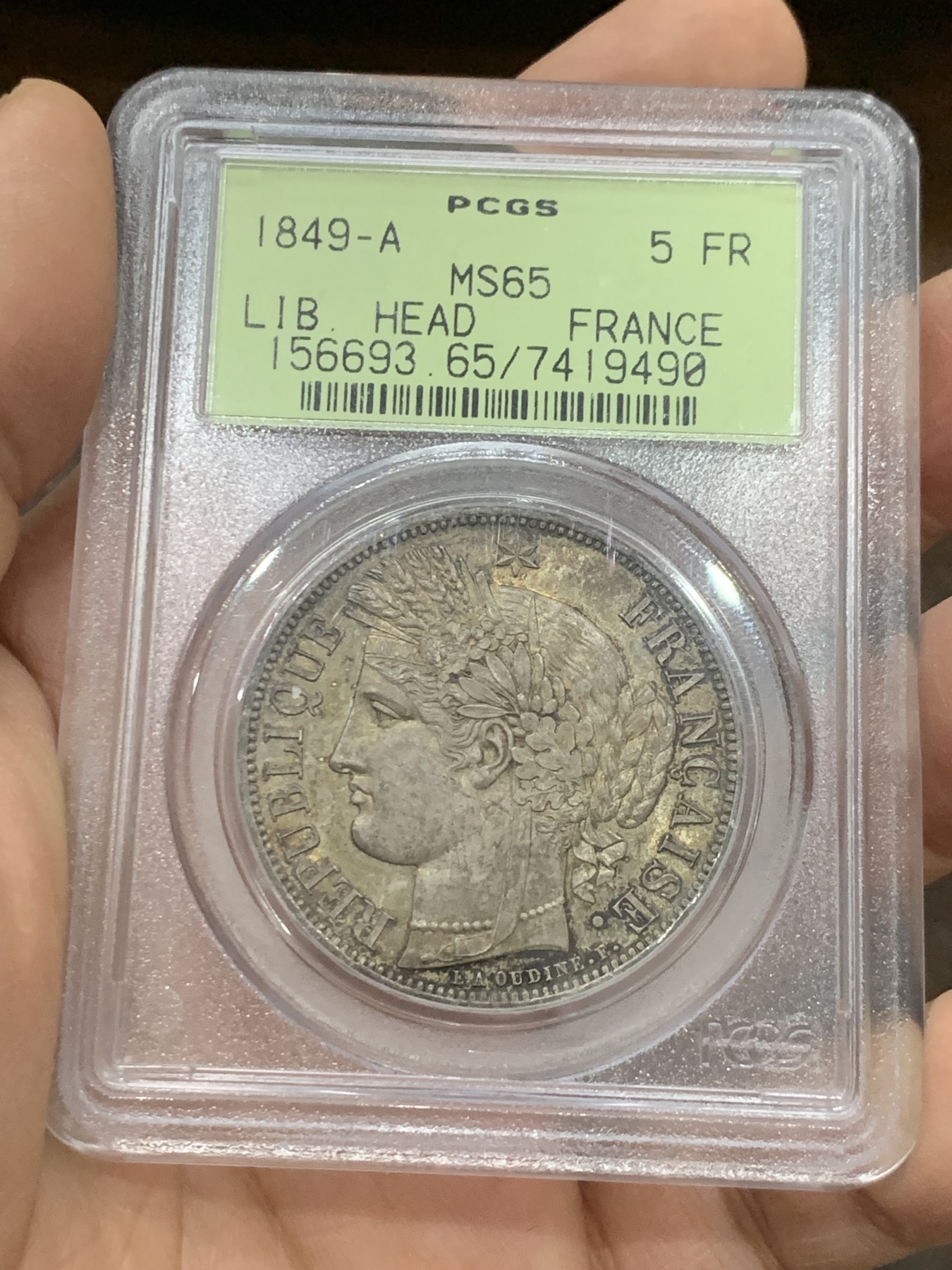 《竞宝斋》第222场-周日，周一 2场 (全场包邮) PCGS MS65 法国 1849 谷物女神 5法郎银币 等级高分 状态同样惊人 双面金黄包浆 早期绿盒