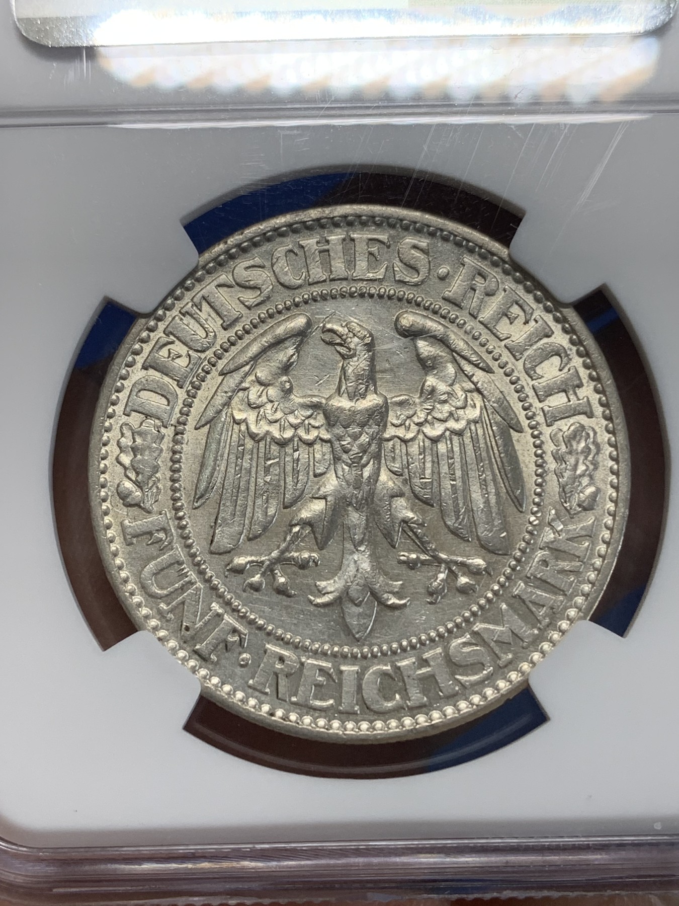 《竞宝斋》第222场-周日，周一 2场 (全场包邮) NGC UNC 德国魏玛 1928年F版 5马克橡树银币 双面转光 品相不错