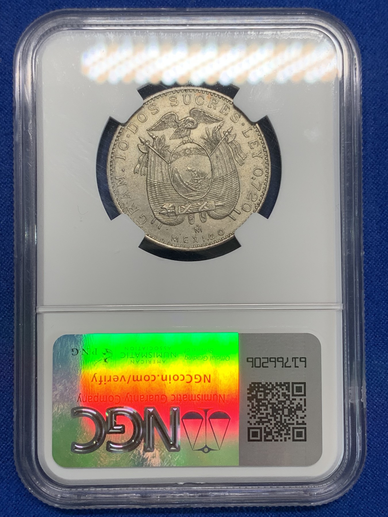 《竞宝斋》第222场-周日，周一 2场 (全场包邮) NGC MS64厄瓜多尔1944年2S银币 墨西哥代铸 十字转光 小面值好品稀见 南美热门